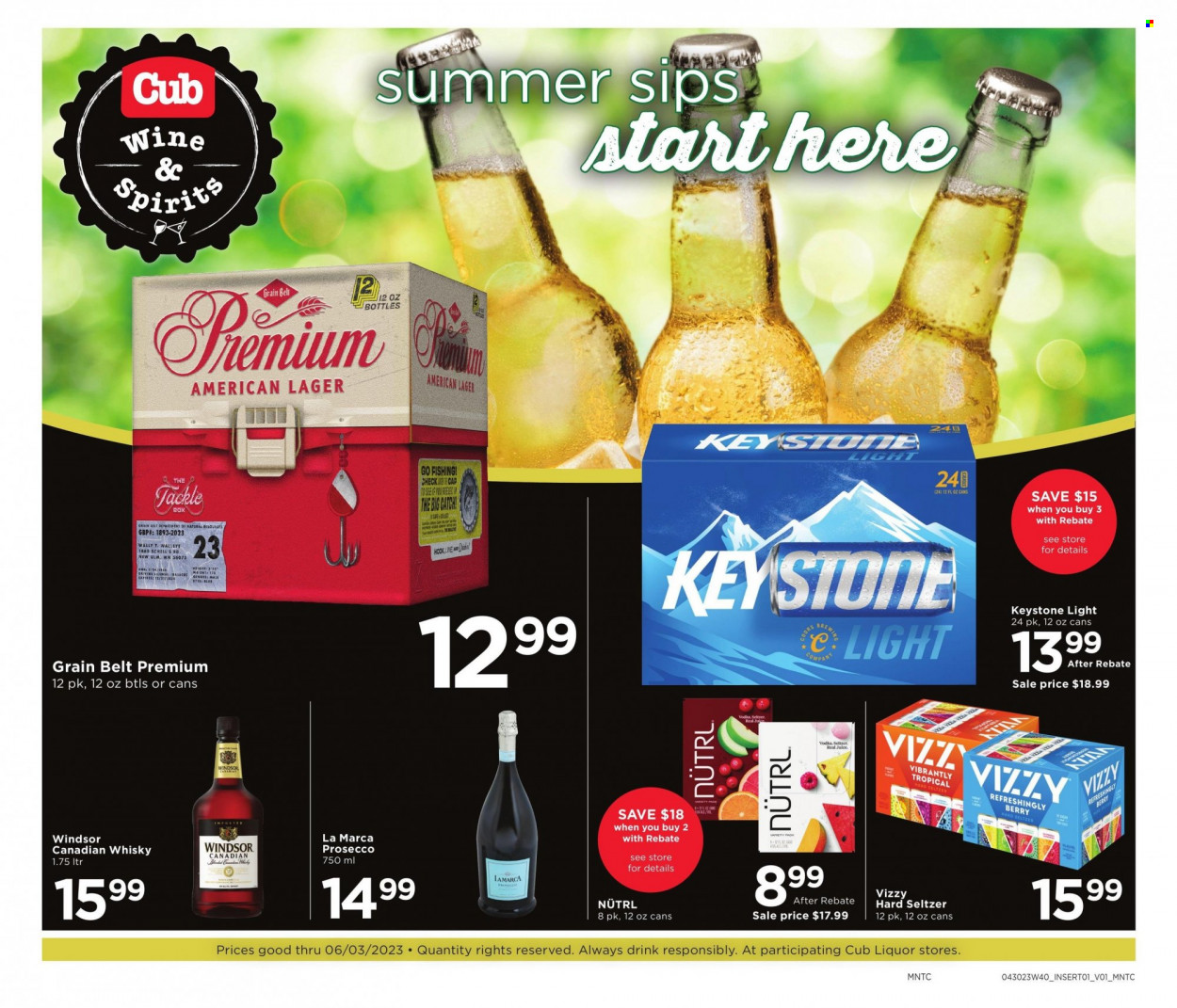 thumbnail - Cub Foods Flyer - 05/07/2023 - 06/03/2023 - Sales products - sparkling wine, prosecco, wine, alcohol, canadian whisky, Hard Seltzer, whisky, beer, Lager, Keystone. Page 2.