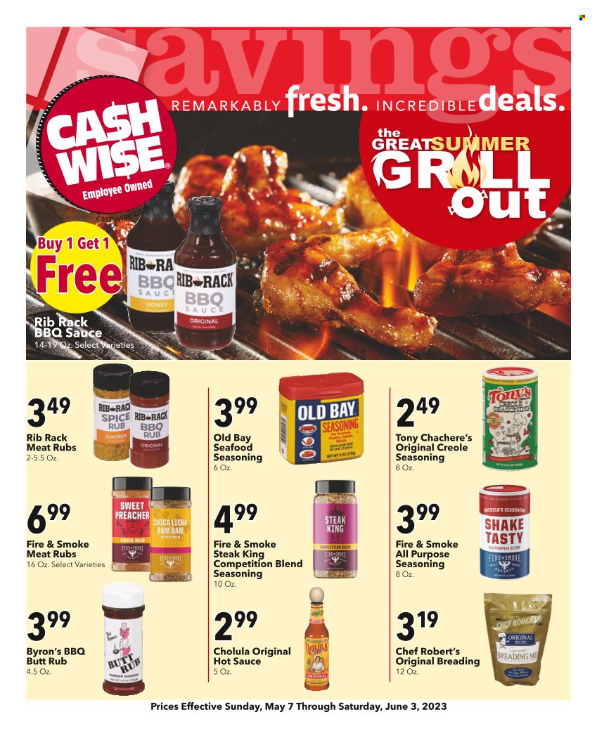 thumbnail - Cash Wise Flyer - 05/07/2023 - 06/03/2023 - Sales products - seafood, sauce, shake, spice, BBQ sauce, hot sauce, honey, chicken, steak. Page 1.