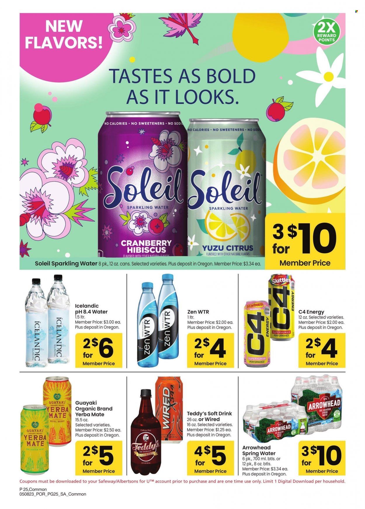 thumbnail - Safeway Flyer - 05/08/2023 - 06/04/2023 - Sales products - Skittles, Starburst, soft drink, spring water, sparkling water, water, alcohol, beer. Page 25.