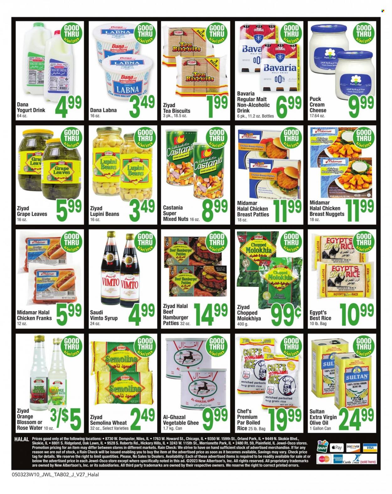 thumbnail - Jewel Osco Flyer - 05/03/2023 - 05/30/2023 - Sales products - beans, oranges, nuggets, hamburger, chicken nuggets, chicken frankfurters, frankfurters, cream cheese, cheese, Puck, yoghurt, yoghurt drink, ghee, Blossom, biscuit, semolina, malt, rice, extra virgin olive oil, olive oil, oil, syrup, mixed nuts, water, tea, Hill's. Page 2.