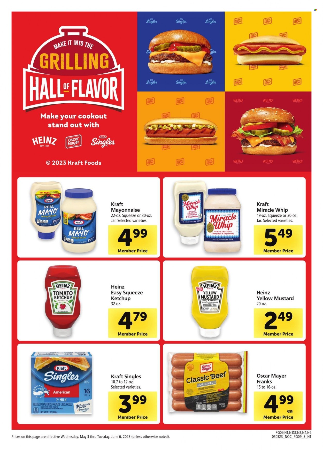 thumbnail - Vons Flyer - 05/03/2023 - 06/06/2023 - Sales products - Kraft®, Oscar Mayer, frankfurters, sandwich slices, Kraft Singles, milk, mayonnaise, Miracle Whip, Heinz, mustard, ketchup, dressing. Page 9.
