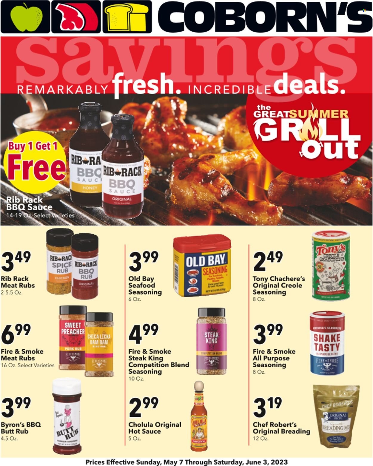 Coborn's Flyer - 05/07/2023 - 06/03/2023 - Sales products - seafood, sauce, bbq, shakes, spice, barbecue sauce, hot sauce, honey, chicken, steak. Page 1.