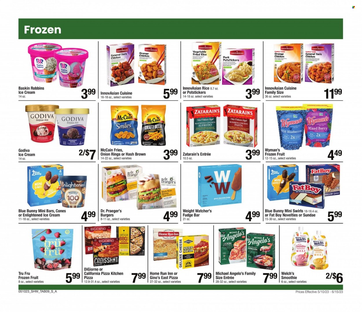 thumbnail - Shaw’s Flyer - 05/10/2023 - 06/15/2023 - Sales products - croissant, brownies, blueberries, strawberries, oranges, Welch's, pizza, onion rings, pasta, veggie burger, lasagna meal, ice cream, ice cream sandwich, Enlightened lce Cream, Blue Bunny, parmigiana, McCain, potato fries, fudge, Godiva, cotton candy, quinoa, smoothie, alcohol, bourbon, beer, chicken. Page 9.