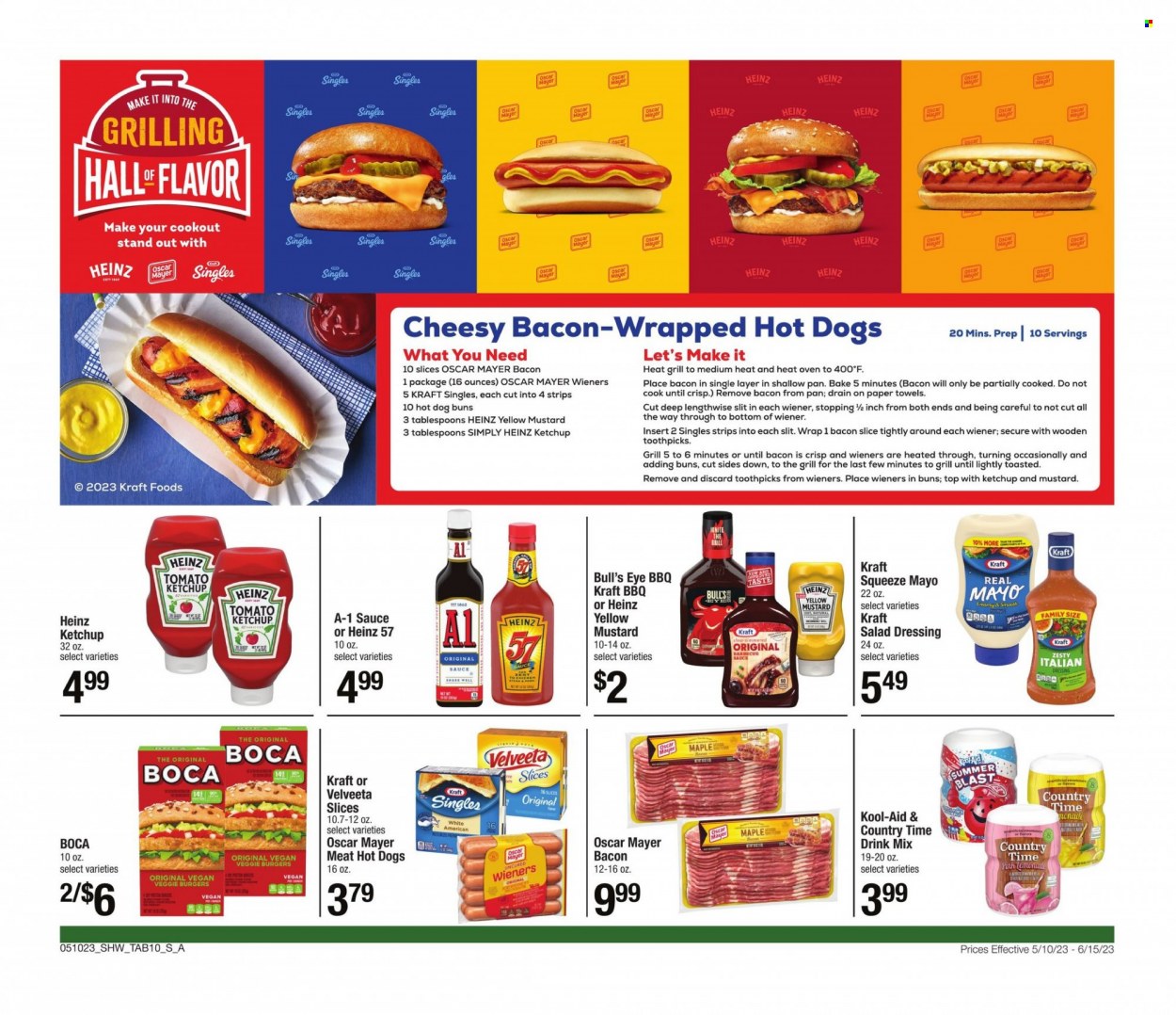 thumbnail - Shaw’s Flyer - 05/10/2023 - 06/15/2023 - Sales products - buns, veggie burger, Kraft®, bacon, Oscar Mayer, sandwich slices, Kraft Singles, mayonnaise, strips, Heinz, mustard, salad dressing, ketchup, dressing, Country Time, kitchen towels, pan. Page 10.