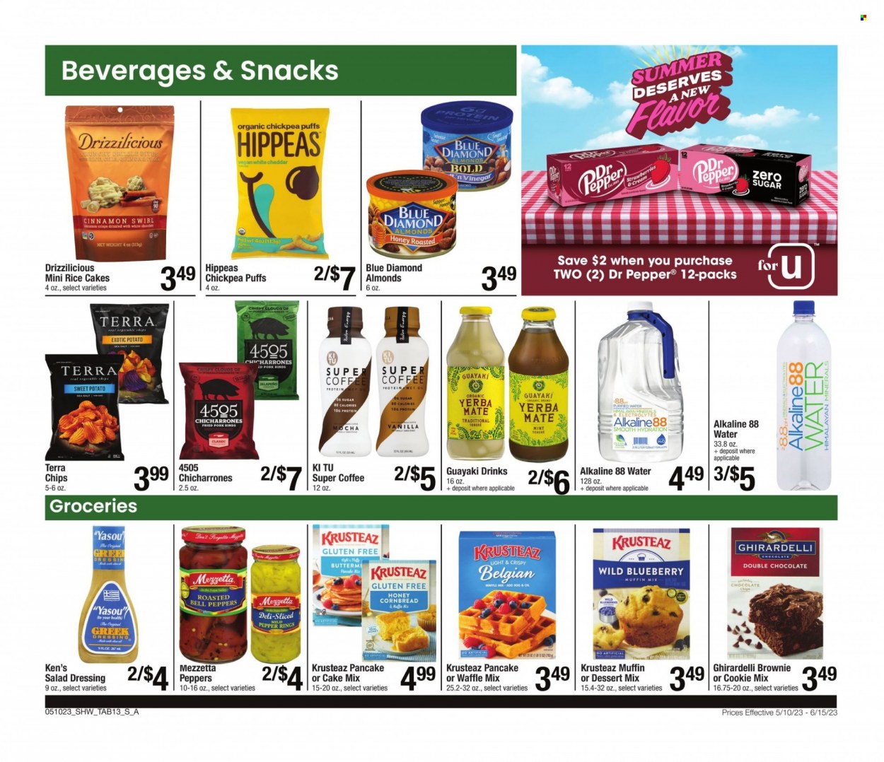 thumbnail - Shaw’s Flyer - 05/10/2023 - 06/15/2023 - Sales products - corn bread, puffs, brownies, dessert, cake mix, muffin mix, pancake mix, bell peppers, sweet potato, peppers, jalapeño, blueberries, chocolate, snack, Ghirardelli, chips, vegetable chips, cinnamon, salad dressing, dressing, honey, almonds, Blue Diamond, Dr. Pepper, purified water, water, coffee, Plax. Page 13.