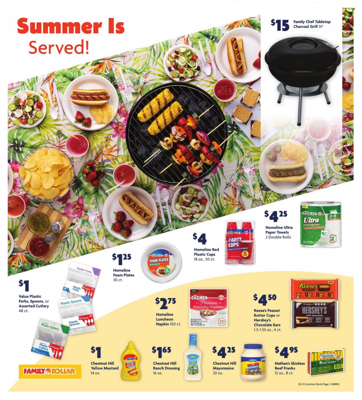 thumbnail - Family Dollar Flyer - 05/14/2023 - 07/08/2023 - Sales products - frankfurters, lunch meat, mayonnaise, ranch dressing, Reese's, Hershey's, milk chocolate, peanut butter cups, chocolate bar, mustard, dressing, napkins, kitchen towels, paper towels, spoon, plate, disposable cutlery, foam plates, party cups, grill. Page 2.