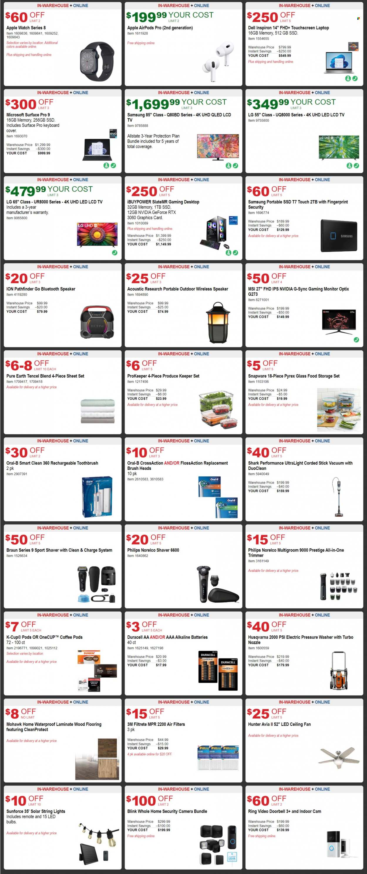 thumbnail - Costco Flyer - 05/17/2023 - 06/11/2023 - Sales products - Philips, Dell, LG, roast, Boost, coffee, coffee pods, coffee capsules, K-Cups, toothbrush, Oral-B, shaver, trimmer, keeper set, Pyrex, storage container set, battery, bulb, Duracell, LED bulb, keyboard, doorbell, security camera, video doorbell, Samsung, Apple Watch, laptop, Inspiron, touchscreen laptop, MSI, GeForce, Ryzen, monitor, camera, TV, speaker, bluetooth speaker, Airpods, Apple AirPods Pro, Braun, ceiling fan, Norelco, Filtrete, Hunter, watch, solar string, string lights, flooring, Husqvarna, electric pressure washer, pressure washer, air filter. Page 2.
