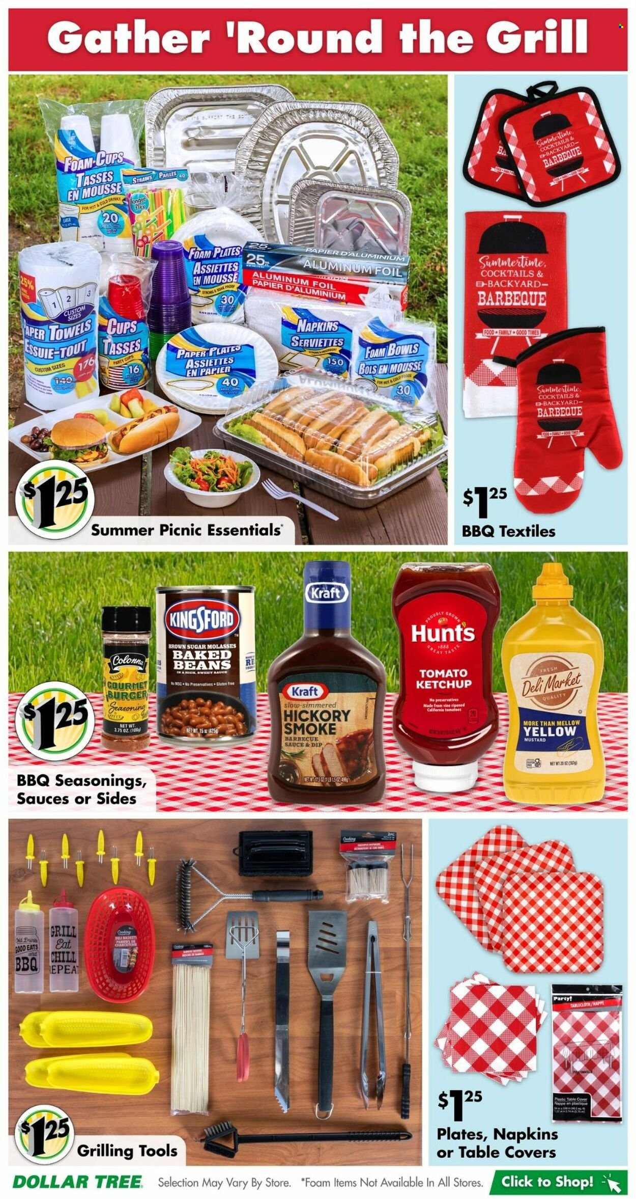 thumbnail - Dollar Tree Flyer - 05/15/2023 - 05/29/2023 - Sales products - beans, tomatoes, hamburger, Kingsford, dip, cane sugar, baked beans, spice, BBQ sauce, mustard, ketchup, molasses, napkins, serviettes, plate, cup, straw, aluminium foil, paper, paper plate, foam plates, party cups, tablecloth, towel. Page 4.