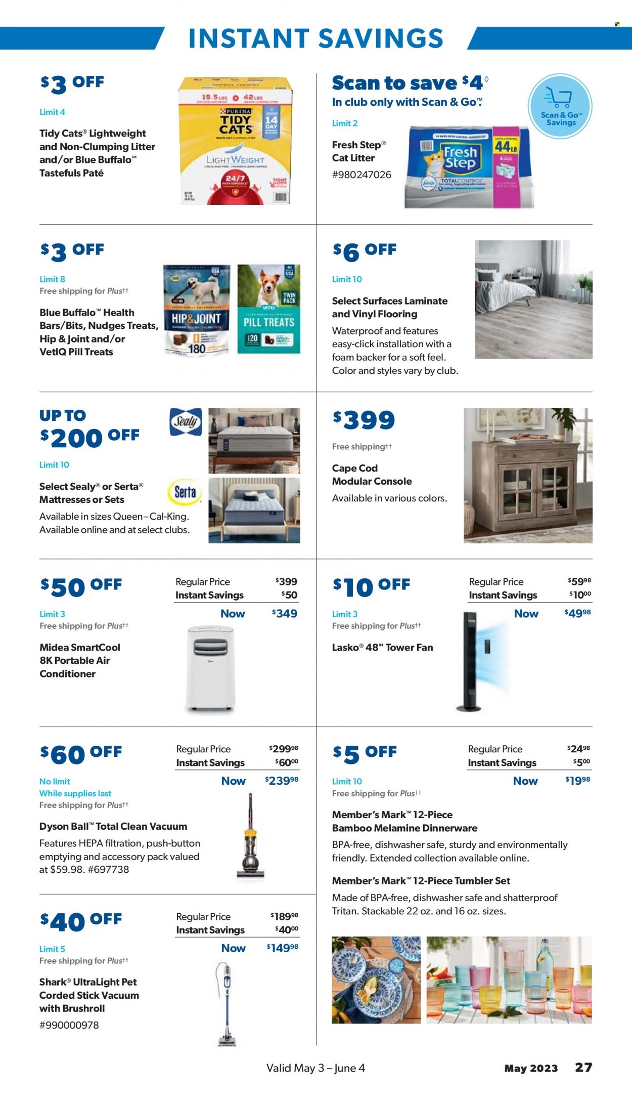 thumbnail - Sam's Club Flyer - 05/03/2023 - 06/04/2023 - Sales products - mattress, cod, safe, dinnerware set, tumbler, cat litter, Fresh Step, Midea, air conditioner, Dyson, portable air conditioner, stand fan, flooring. Page 27.