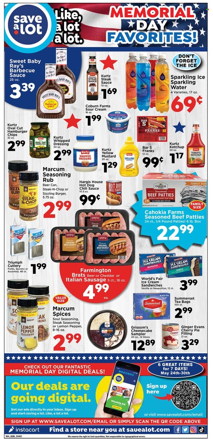 thumbnail - Save a Lot Flyer - 05/17/2023 - 05/30/2023 - Sales products - pie, cherry pie, ginger, pears, hamburger, bratwurst, sausage, italian sausage, frankfurters, cheese, sour cream, ice cream, ice cream sandwich, chips, spice, BBQ sauce, mustard, steak sauce, ketchup, chilli sauce, dressing, sparkling water, water, tea bags, alcohol, beer, steak. Page 2.