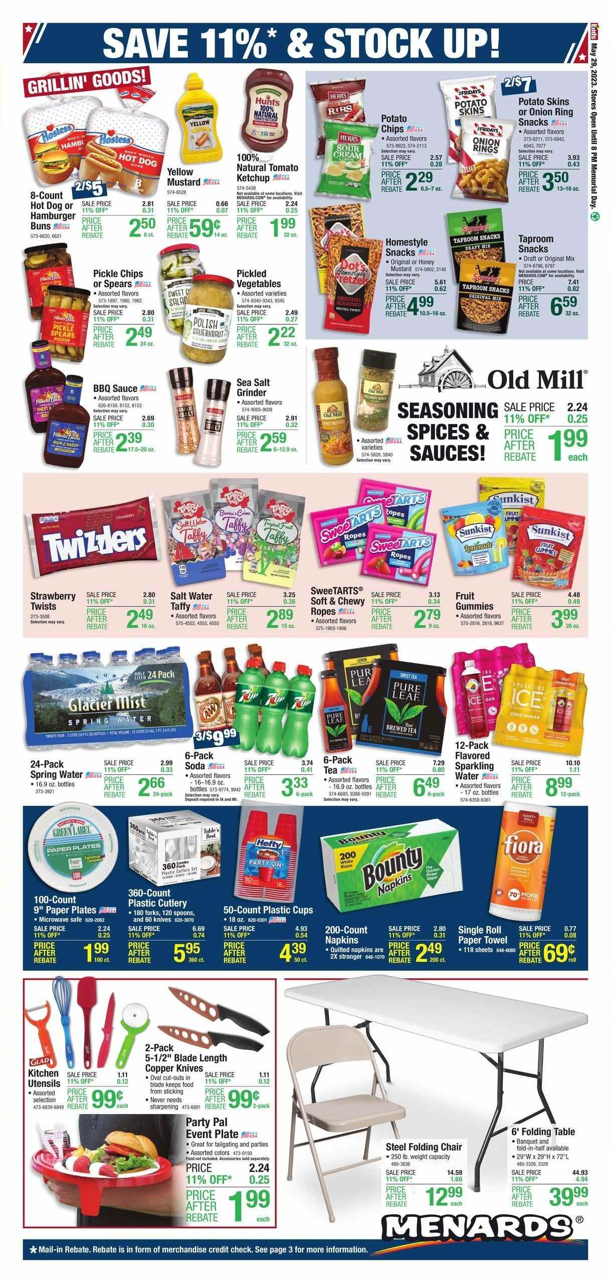 thumbnail - Menards Flyer - 05/17/2023 - 05/29/2023 - Sales products - pretzels, buns, garlic, onion rings, hamburger, sauce, sour cream, snack, Bounty, potato chips, chips, sauerkraut, pickled cabbage, spice, BBQ sauce, mustard, honey mustard, ketchup, lemonade, soft drink, 7UP, spring water, flavored water, soda, sparkling water, water, tea, Pure Leaf, ribs, pork meat, pork ribs, pork back ribs, napkins, paper towels, Hefty, knife, safe, salt grinder, spoon, utensils, plate, cutlery set, cup, disposable cutlery, paper plate, grinder, table, chair, folding table, folding chair, polish. Page 9.