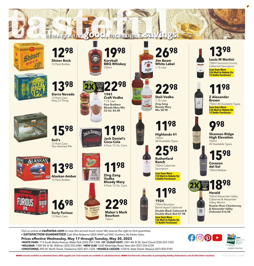 thumbnail - Cash Wise Flyer - 05/17/2023 - 05/30/2023 - Sales products - Jack Daniel's, Four Brothers, Coca-Cola, soft drink, Cabernet Sauvignon, red wine, white wine, Chardonnay, wine, Merlot, alcohol, Malbec, vodka, whiskey, liquor, Martini, Jim Beam, whisky, beer, IPA, Shiner Bock, Bell's. Page 4.