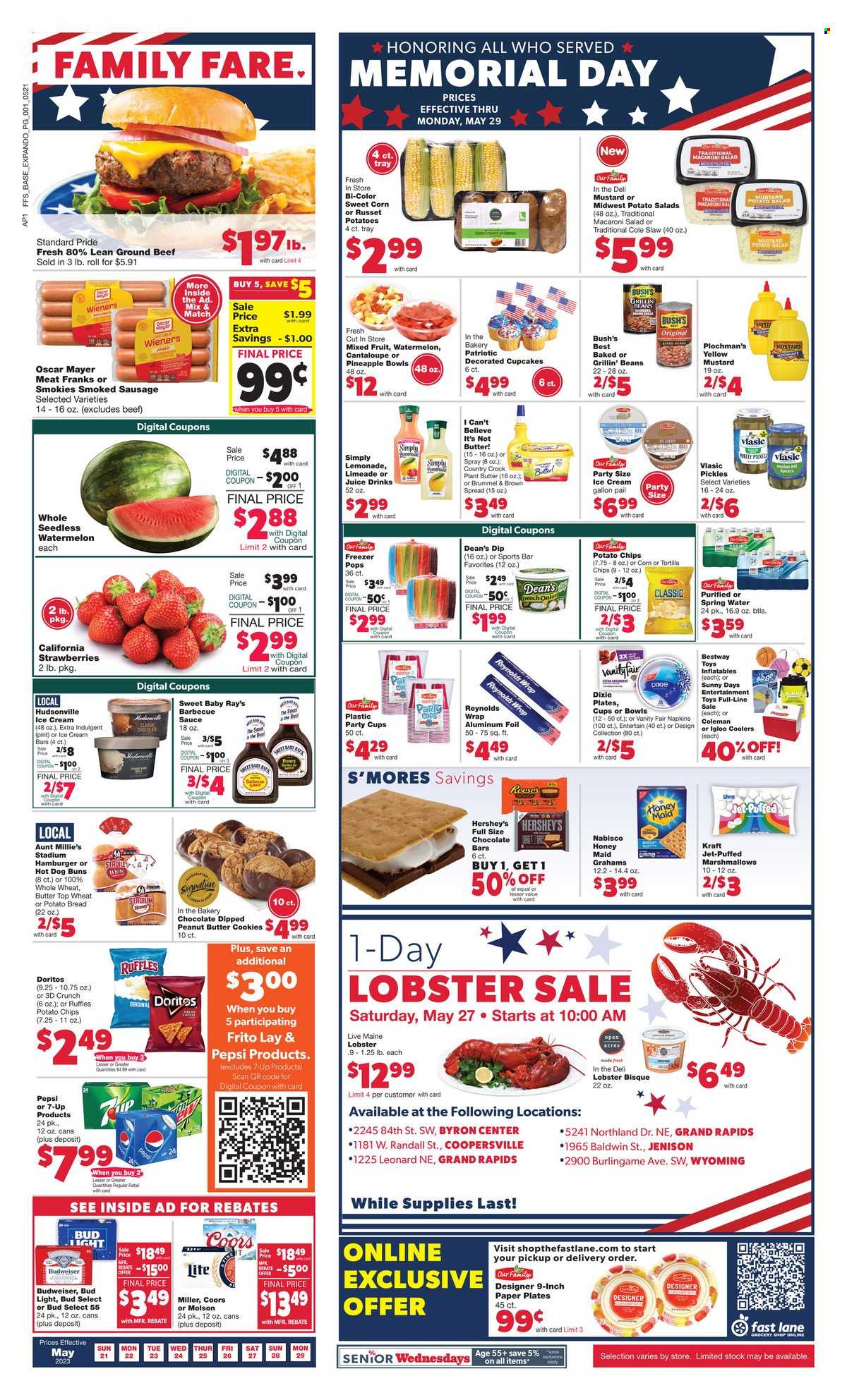 thumbnail - Family Fare Flyer - 05/21/2023 - 05/29/2023 - Sales products - bread, buns, cupcake, beans, cantaloupe, corn, russet potatoes, strawberries, sauce, Kraft®, Oscar Mayer, sausage, smoked sausage, frankfurters, macaroni salad, I Can't Believe It's Not Butter, dip, ice cream, ice cream bars, Reese's, Hershey's, cookies, marshmallows, butter cookies, Nabisco, Doritos, tortilla chips, potato chips, chips, Ruffles, salty snack, pickles, baked beans, Honey Maid, mustard, lemonade, Pepsi, juice, soft drink, 7UP, spring water, water, beer, Bud Light, Miller, beef meat, ground beef, napkins, Jet, Dixie, plate, aluminium foil, paper plate, party cups, Budweiser, Coors. Page 1.