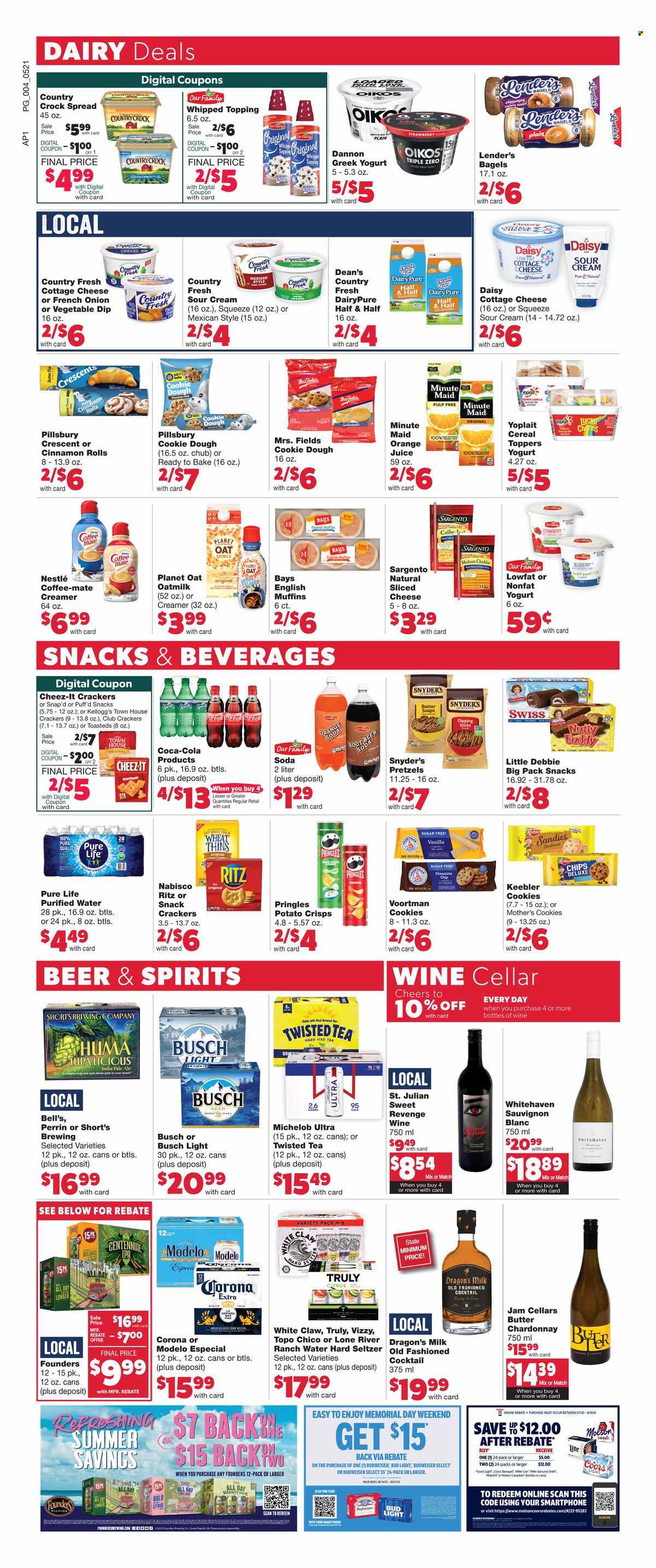 thumbnail - Family Fare Flyer - 05/21/2023 - 05/29/2023 - Sales products - bagels, english muffins, pretzels, cinnamon roll, onion, Pillsbury, Colby cheese, cottage cheese, sliced cheese, Sargento, greek yoghurt, yoghurt, Oikos, Yoplait, Dannon, Coffee-Mate, milk, oat milk, sour cream, creamer, dip, cookie dough, cookies, Nestlé, chocolate, crackers, Kellogg's, Keebler, RITZ, Nabisco, potato crisps, Pringles, chips, Thins, Cheez-It, topping, malt, cereals, Coca-Cola, orange juice, juice, ice tea, soft drink, fruit punch, soda, sparkling water, purified water, water, white wine, Chardonnay, wine, alcohol, Sauvignon Blanc, White Claw, Hard Seltzer, TRULY, beer, Busch, Bud Light, Corona Extra, Modelo, Bell's, Topo Chico, Budweiser, Half and half, Coors, Twisted Tea, Michelob. Page 5.