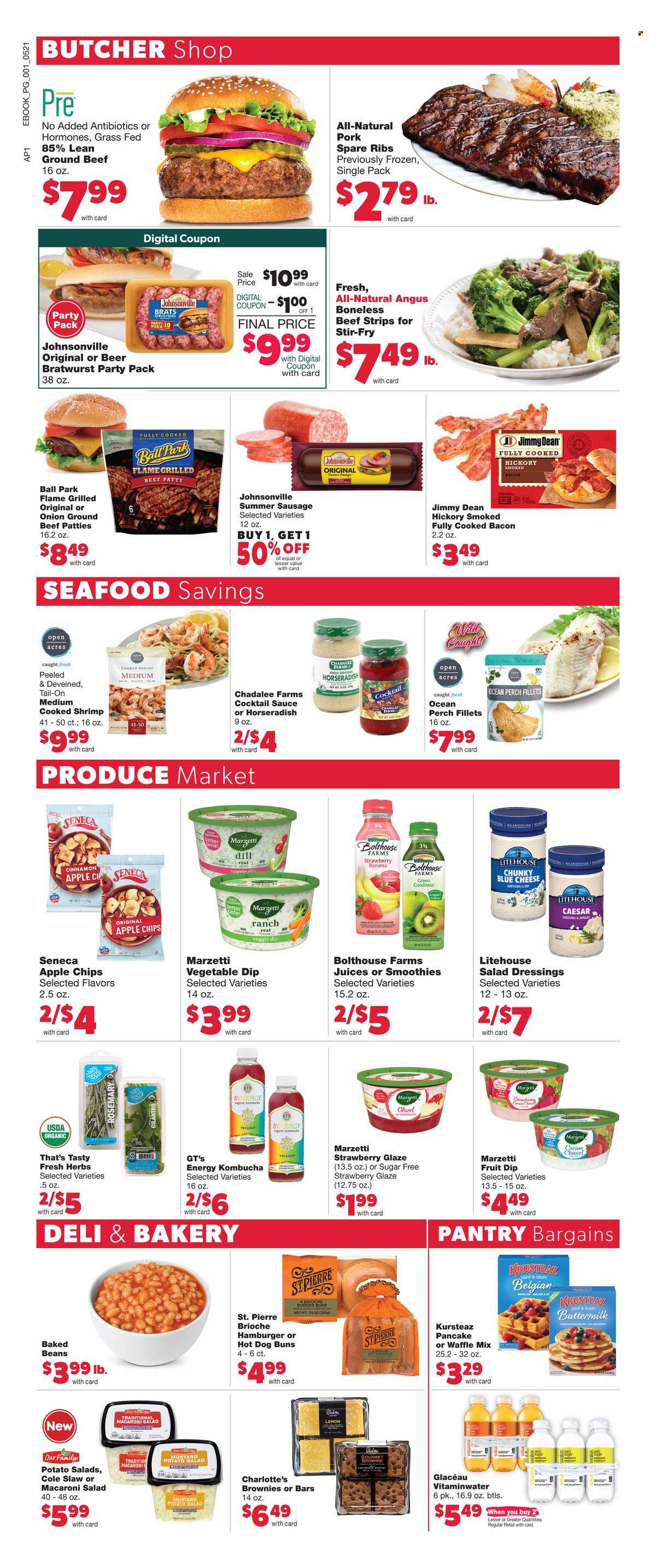 thumbnail - Family Fare Flyer - 05/21/2023 - 05/29/2023 - Sales products - hot dog rolls, buns, burger buns, brioche, brownies, beans, horseradish, onion, perch, seafood, shrimps, pancakes, Jimmy Dean, bacon, Johnsonville, bratwurst, sausage, summer sausage, potato salad, macaroni salad, cream cheese, buttermilk, dip, strips, baked beans, dill, rosemary, herbs, cinnamon, blue cheese dressing, caesar dressing, mustard, salad dressing, dressing, juice, kombucha, beef meat, ground beef, ribs, pork meat, pork ribs, pork spare ribs. Page 8.