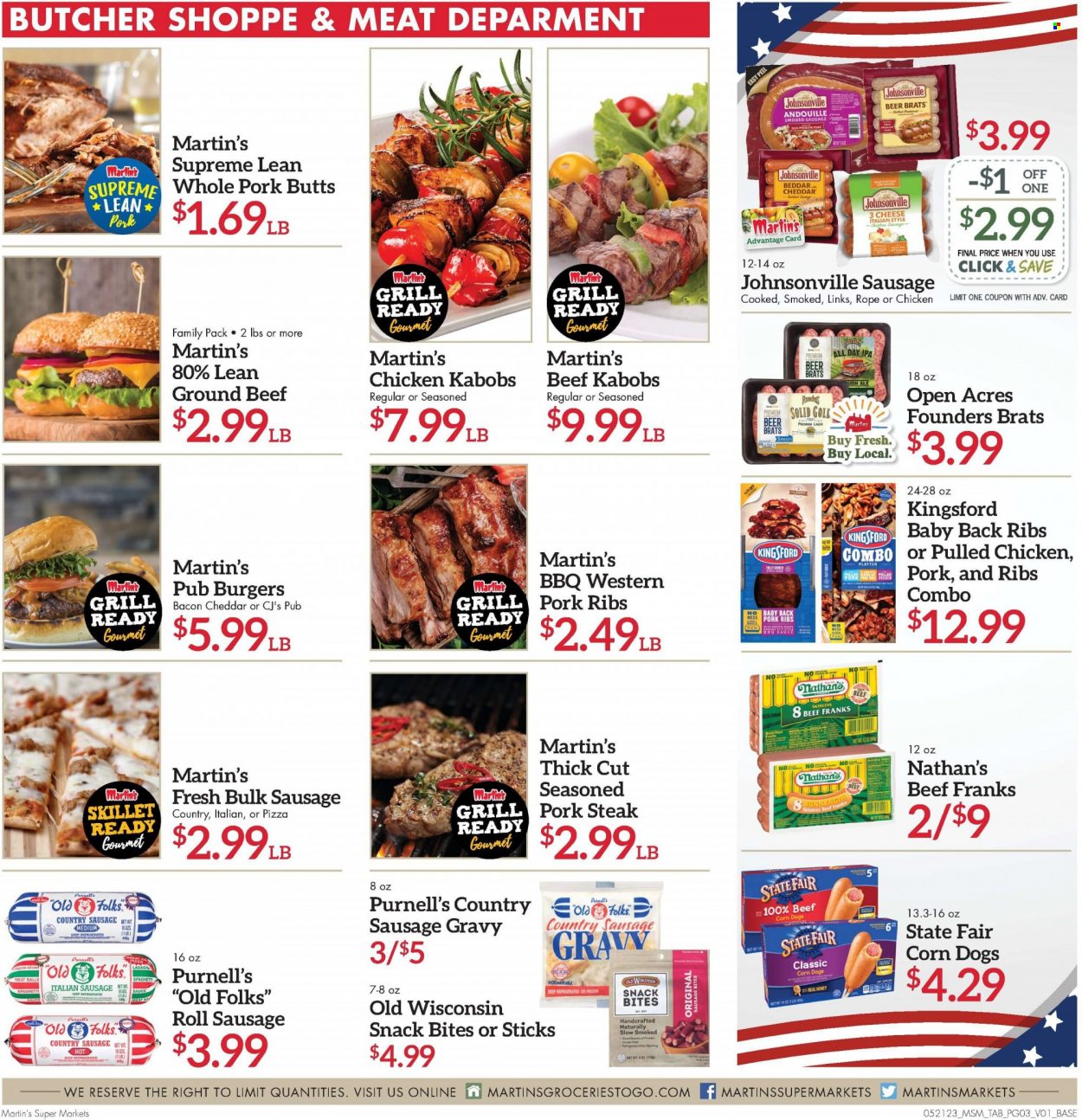 thumbnail - Martin’s Flyer - 05/21/2023 - 05/27/2023 - Sales products - sausage gravy, spaghetti, pizza, hamburger, sauce, lasagna meal, pulled chicken, Kingsford, spaghetti sauce, bacon, Johnsonville, bulk sausage, sausage, smoked sausage, italian sausage, frankfurters, cheddar, cheese, snack, honey, alcohol, beer, Lager, IPA, beef meat, ground beef, steak, ribs, pork chops, pork meat, pork ribs, pork back ribs. Page 3.