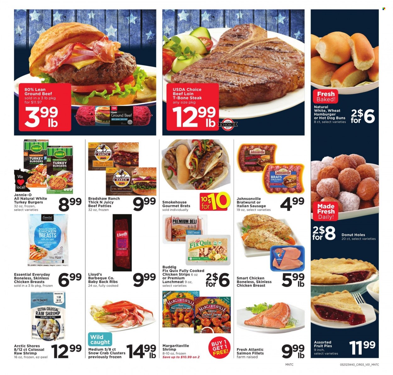 thumbnail - Cub Foods Flyer - 05/21/2023 - 05/27/2023 - Sales products - pie, buns, donut holes, salmon, salmon fillet, crab, shrimps, Arctic Shores, crab clusters, Johnsonville, bratwurst, sausage, italian sausage, lunch meat, cheese, strips, chicken strips, alcohol, beer, turkey breast, chicken breasts, chicken, turkey, ground beef, t-bone steak, steak, ribs, turkey burger, pork meat, pork ribs, pork back ribs, bag. Page 4.