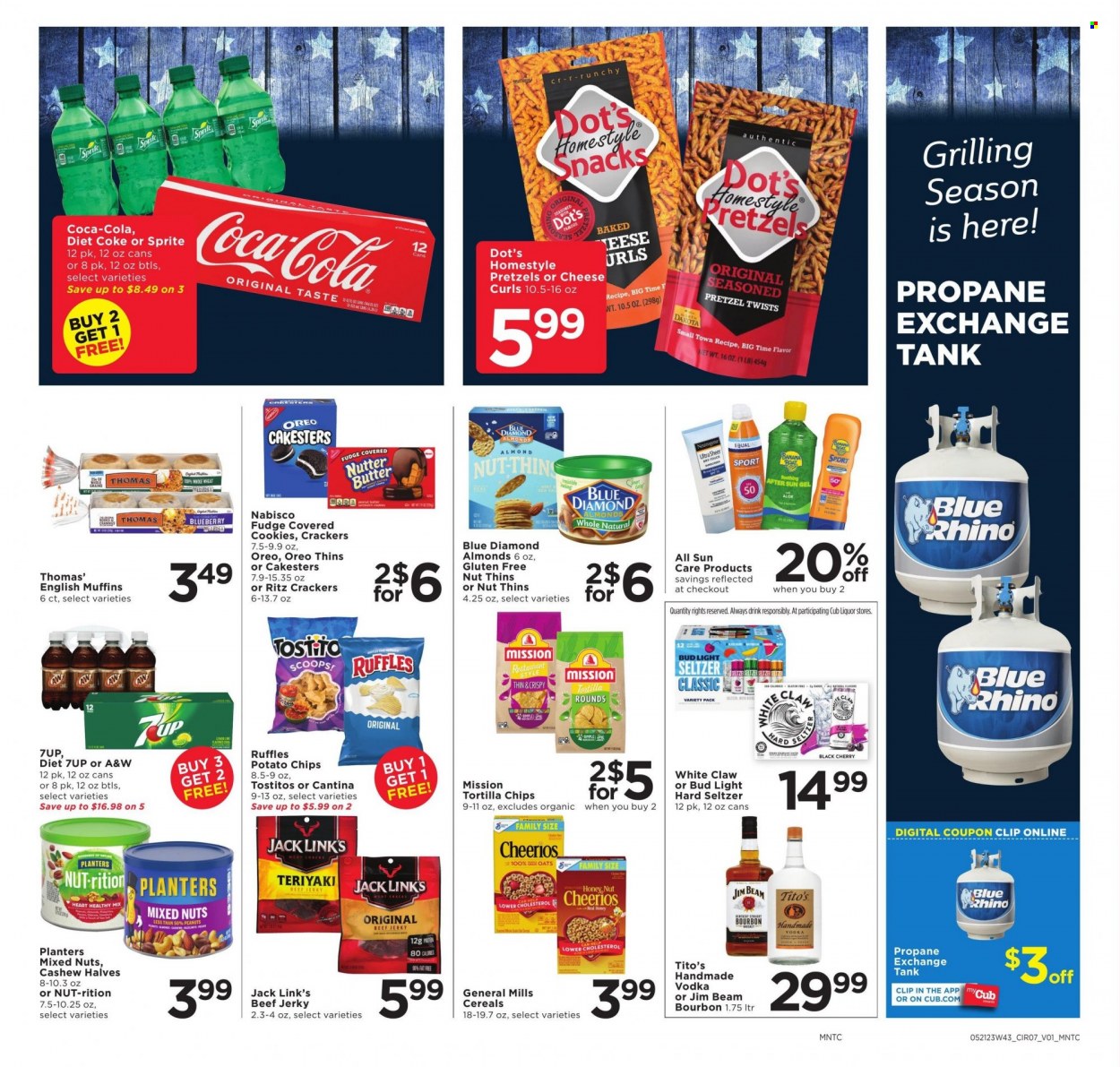 thumbnail - Cub Foods Flyer - 05/21/2023 - 05/27/2023 - Sales products - english muffins, pretzels, cherries, beef jerky, jerky, Oreo, cookies, fudge, snack, crackers, RITZ, Nabisco, tortilla chips, potato chips, chips, Thins, Ruffles, Tostitos, Jack Link's, cereals, Cheerios, almonds, peanuts, mixed nuts, Planters, Blue Diamond, Coca-Cola, Sprite, Diet Coke, soft drink, 7UP, A&W, Coke, sparkling water, bourbon, vodka, Jim Beam, White Claw, Hard Seltzer, beer, Bud Light, sun care. Page 12.