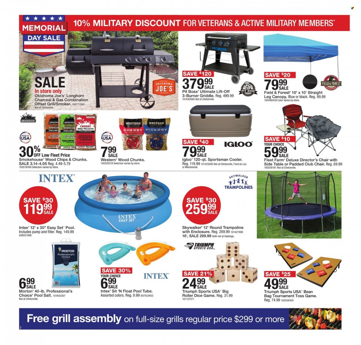thumbnail - Fleet Farm Flyer - 05/19/2023 - 05/29/2023 - Sales products - Apple, chips, Sol, Ultimate Lift, pan, chair, Intex, trampoline, Toss game, roller, table, grill, pool salt, smoker. Page 2.