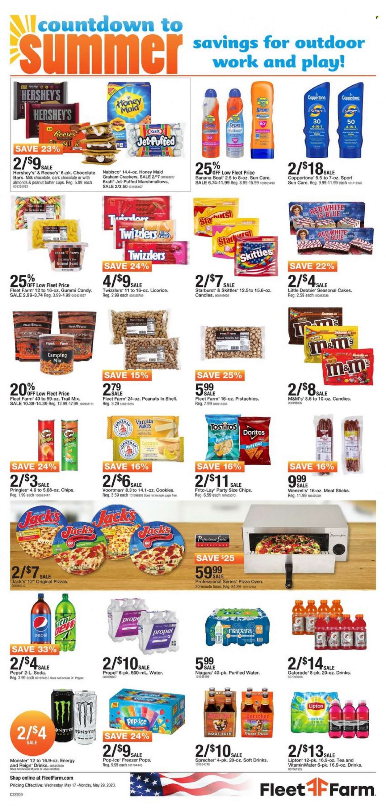 thumbnail - Fleet Farm Flyer - 05/17/2023 - 05/29/2023 - Sales products - cake, cookies, graham crackers, marshmallows, milk chocolate, M&M's, crackers, Reese's, Hershey's, dark chocolate, Skittles, peanut butter cups, Starburst, chocolate bar, Nabisco, Doritos, Pringles, chips, Frito-Lay, salty snack, Honey Maid, Kraft®, peanuts, pistachios, trail mix, Pepsi, Monster, Lipton, Dr. Pepper, soft drink, Gatorade, soda, purified water, water, alcohol, beer, Jet, sun care, camera, boat, Shell, electrolyte drink. Page 18.