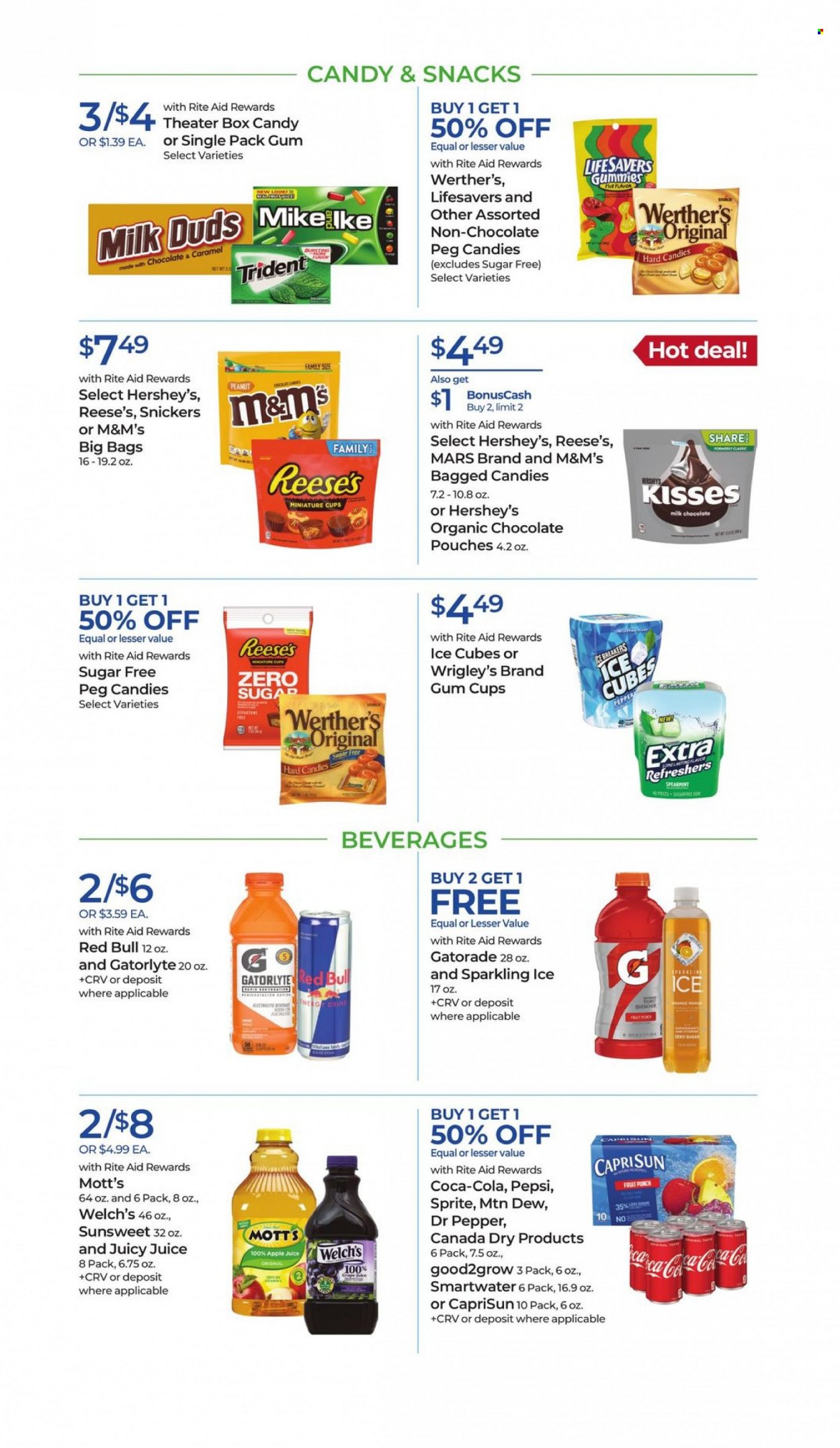 thumbnail - RITE AID Flyer - 05/21/2023 - 05/27/2023 - Sales products - Welch's, Reese's, Hershey's, ice cubes, milk chocolate, snack, Milk Duds, Snickers, Mars, M&M's, Trident, Mott's, Werther's Original, Wrigley's, apple juice, Canada Dry, Coca-Cola, Mountain Dew, Sprite, Pepsi, juice, energy drink, Dr. Pepper, soft drink, Red Bull, Gatorade, fruit punch, flavored water, Smartwater, water, cup, electrolyte drink. Page 21.