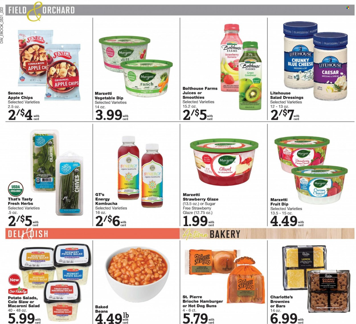 thumbnail - D&W Fresh Market Flyer - 05/21/2023 - 05/29/2023 - Sales products - hot dog rolls, buns, burger buns, brioche, brownies, chives, potato salad, macaroni salad, cream cheese, Enlightened lce Cream, chips, baked beans, cilantro, dill, cinnamon, blue cheese dressing, caesar dressing, mustard, salad dressing, dressing, syrup, juice, fruit juice, kombucha. Page 13.