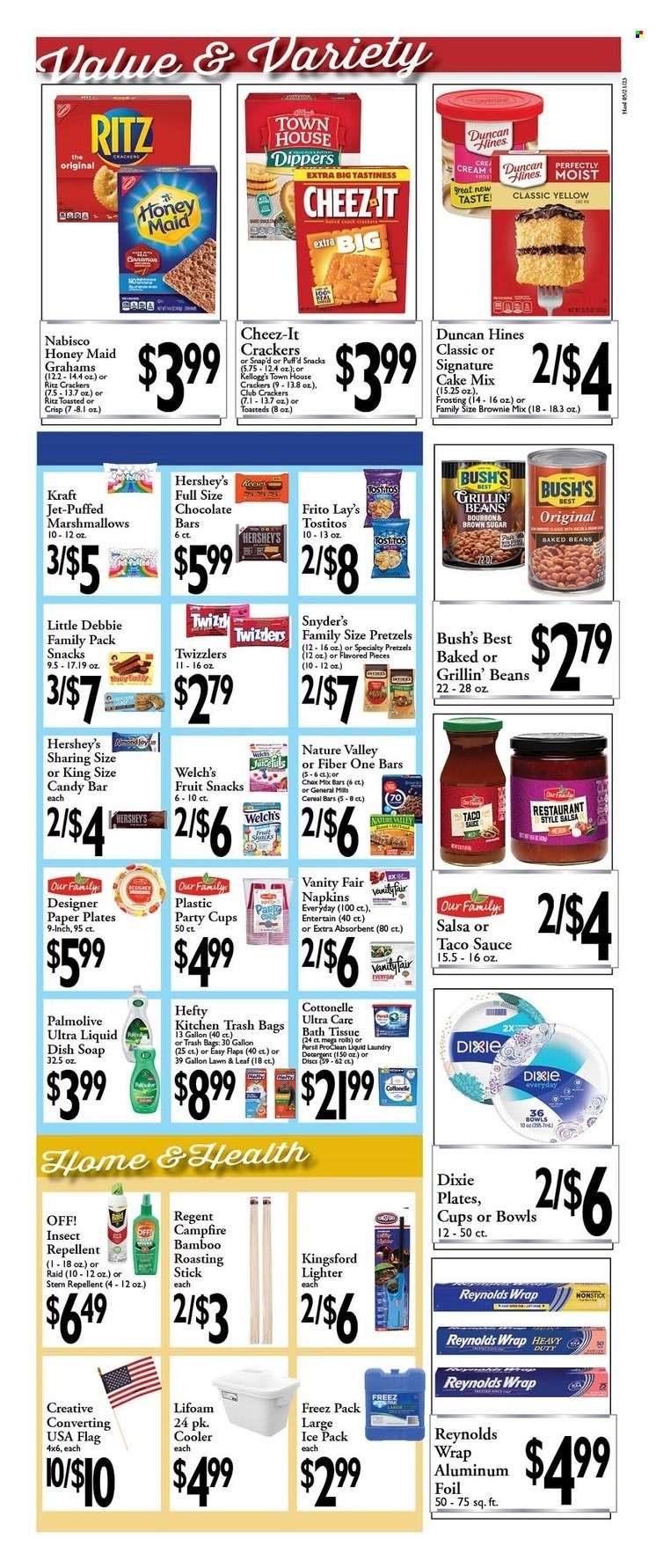 thumbnail - Harding's Markets Flyer - 05/21/2023 - 06/03/2023 - Sales products - pretzels, brownie mix, cake mix, beans, Welch's, sauce, Kraft®, Kingsford, Hershey's, marshmallows, cereal bar, crackers, Kellogg's, fruit snack, RITZ, chocolate bar, candy bar, Nabisco, Lay’s, Cheez-It, Tostitos, cane sugar, frosting, baked beans, cereals, Honey Maid, Nature Valley, Fiber One, cinnamon, taco sauce, salsa, bourbon, Palmolive, Jet. Page 5.