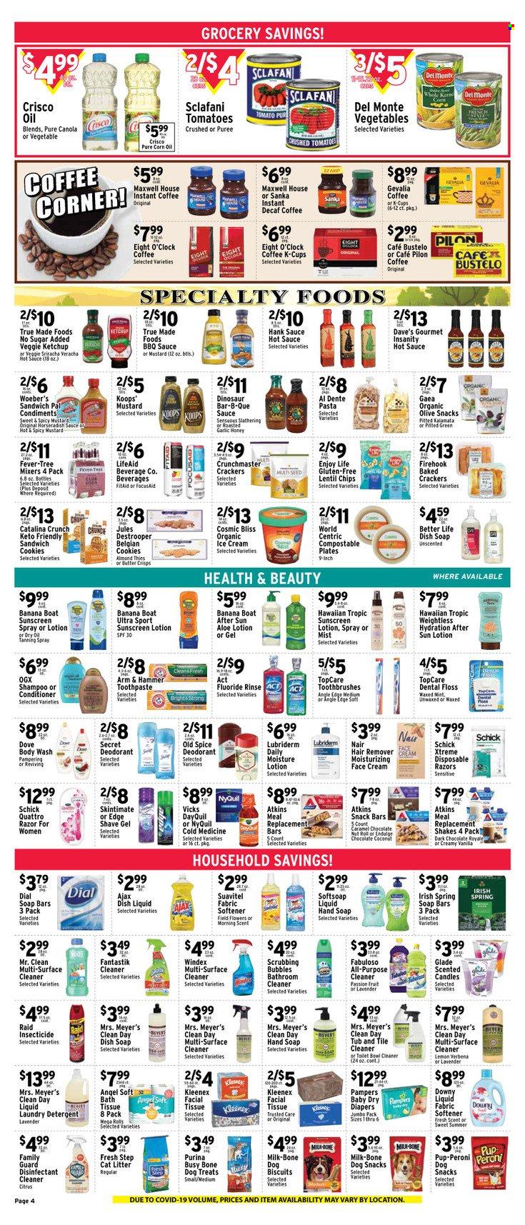 thumbnail - Met Foodmarkets Flyer - 05/21/2023 - 05/27/2023 - Sales products - horseradish, perch, sandwich, pasta, sauce, milk, sandwich cookies, ice cream, cookies, Dove, snack, crackers, dark chocolate, snack bar, chips, Thins, ARM & HAMMER, Crisco, crushed tomatoes, Del Monte, BBQ sauce, caramel, mustard, sriracha, hot sauce, ketchup, corn oil, honey, soda, Maxwell House, coffee, instant coffee, K-Cups, Gevalia, Eight O'Clock, beer. Page 4.