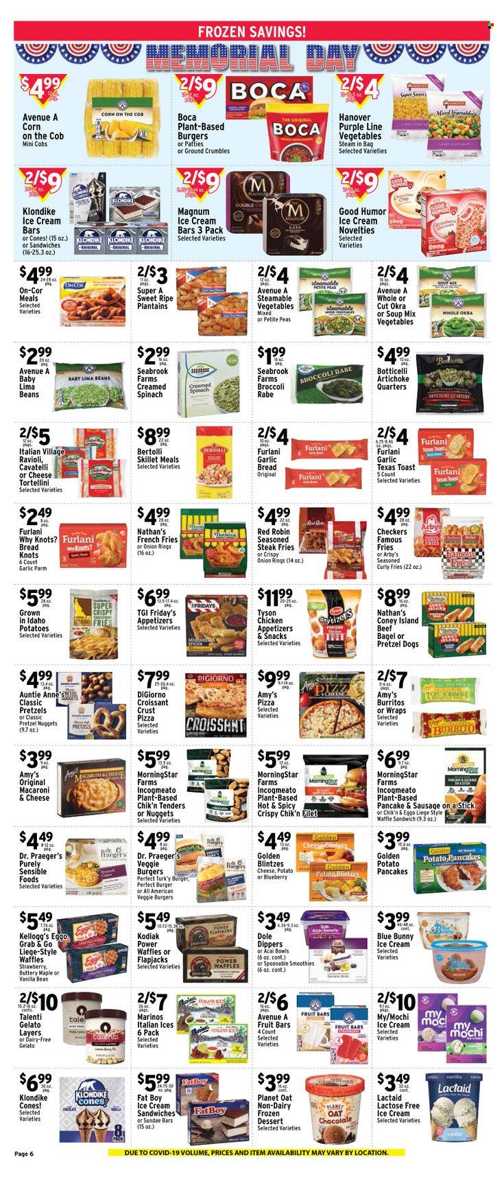 thumbnail - Met Foodmarkets Flyer - 05/21/2023 - 05/27/2023 - Sales products - bagels, bread, pretzels, croissant, wraps, waffles, dessert, artichoke, broccoli, corn, potatoes, peas, Dole, broccolini, macaroni & cheese, ravioli, pizza, onion rings, soup mix, soup, nuggets, tortellini, pancakes, burrito, veggie burger, potato pancakes, MorningStar Farms, Bertolli, Lactaid, tofu, ice cream, ice cream bars, ice cream sandwich, Talenti Gelato, gelato, Blue Bunny, fruit bar, lima beans, mixed vegetables, curly potato fries, potato fries, french fries, snack, Kellogg's, popcorn, smoothie, chicken, steak, plantains. Page 6.