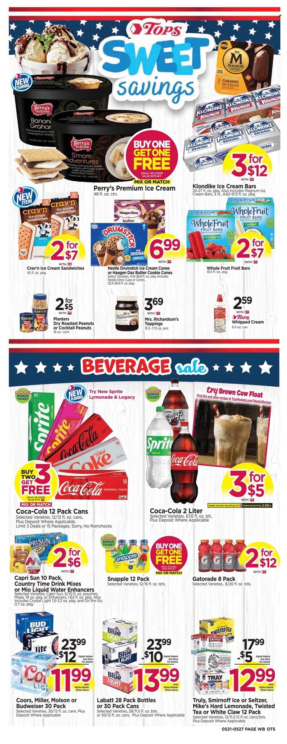 thumbnail - Tops Flyer - 05/21/2023 - 05/27/2023 - Sales products - Oreo, whipped cream, Magnum, ice cream, ice cream bars, ice cream sandwich, Häagen-Dazs, fruit bar, Nestlé, waffle cones, roasted peanuts, peanuts, Planters, Capri Sun, Coca-Cola, lemonade, Sprite, ice tea, soft drink, Snapple, Country Time, Gatorade, seltzer water, sparkling water, water, Smirnoff, White Claw, TRULY, beer, Bud Light, Miller, Daz Powder, Budweiser, Coors, Twisted Tea. Page 2.