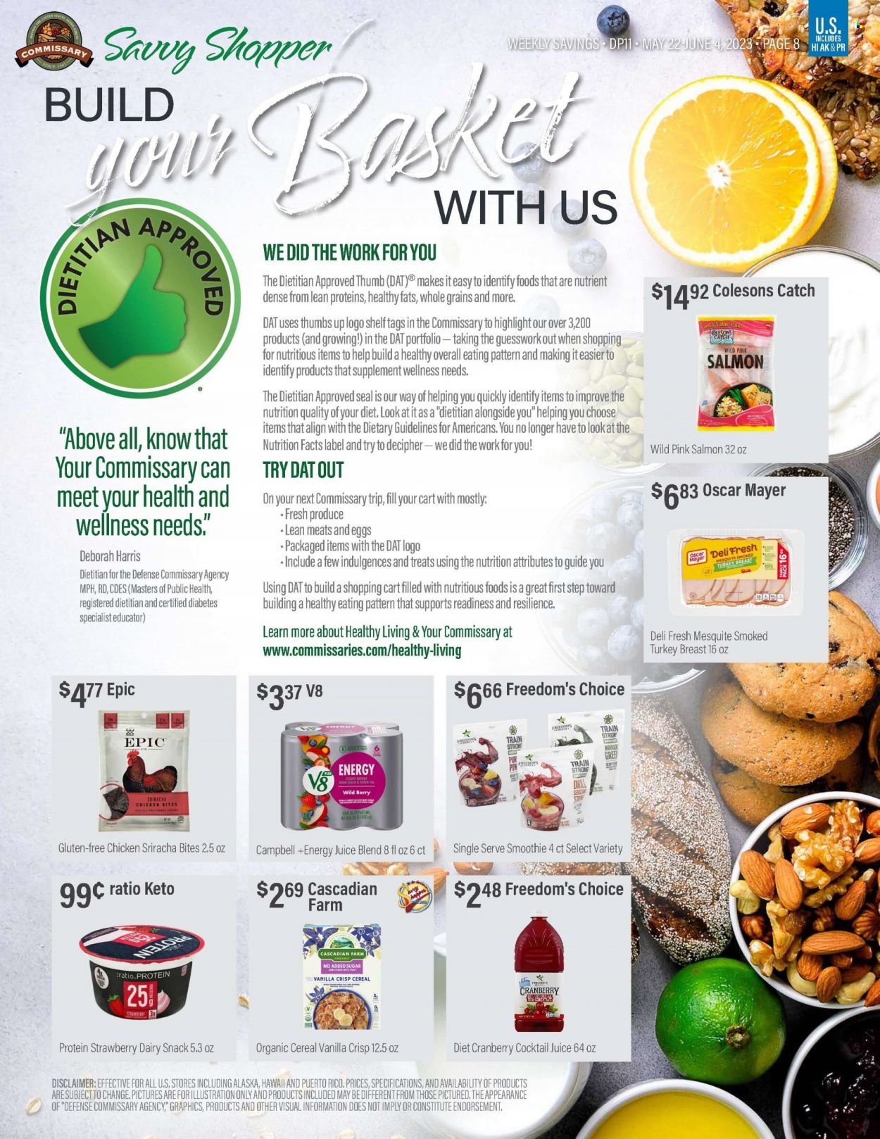 thumbnail - Commissary Flyer - 05/22/2023 - 06/04/2023 - Sales products - salmon, Oscar Mayer, chicken bites, snack, Harris, cereals, sriracha, juice, smoothie, green tea, tea, chicken. Page 8.