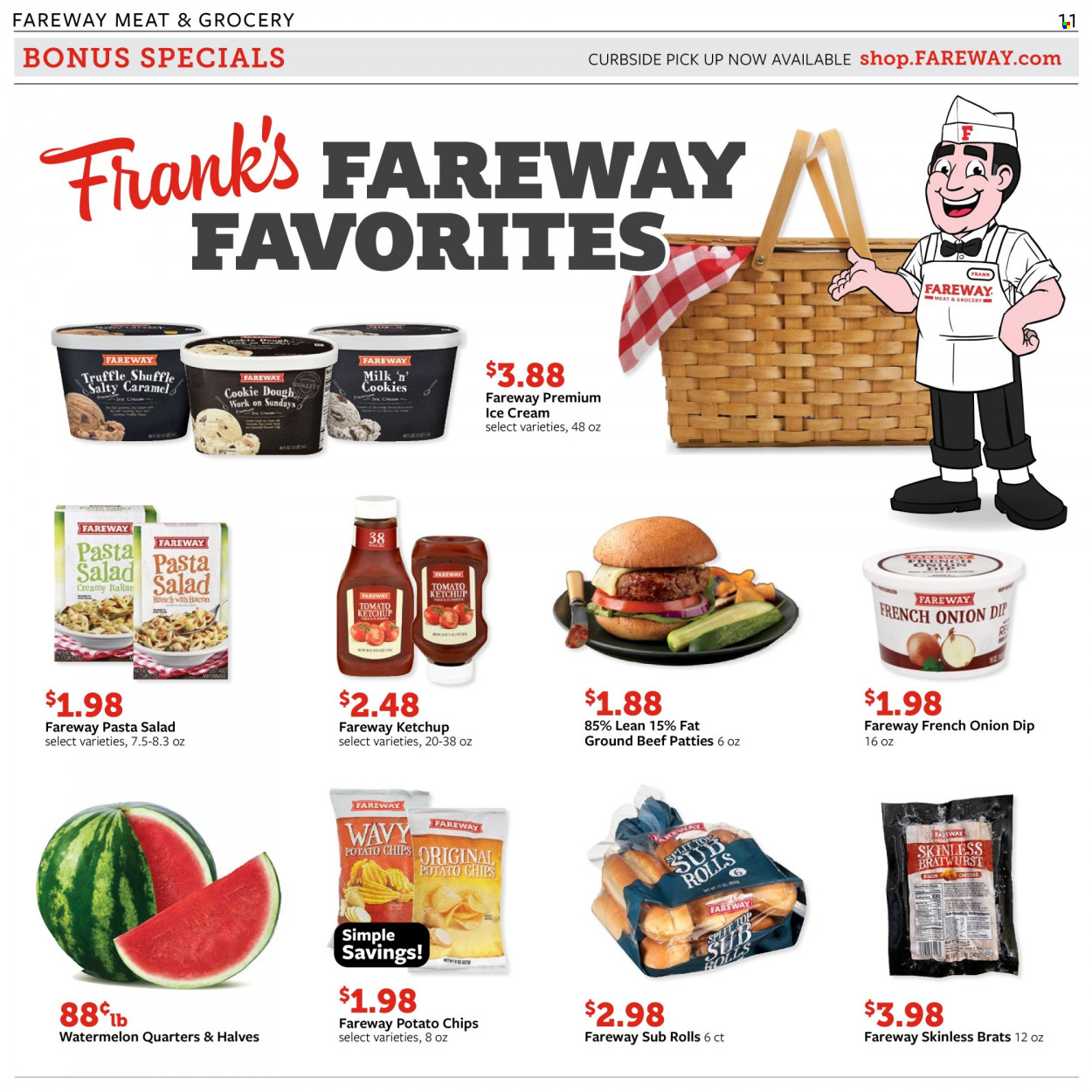 thumbnail - Fareway Flyer - 05/22/2023 - 05/27/2023 - Sales products - salad, watermelon, pasta, bratwurst, pasta salad, milk, dip, ice cream, cookie dough, cookies, truffles, potato chips, chips, caramel, ketchup, beef meat, ground beef. Page 11.