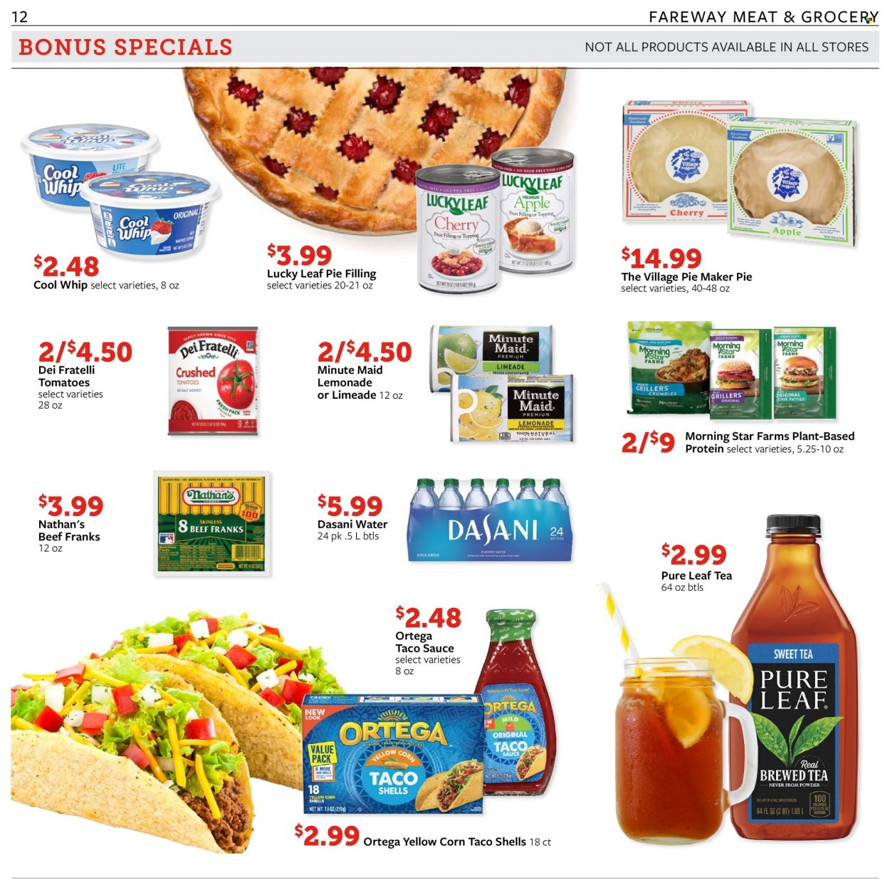 thumbnail - Fareway Flyer - 05/22/2023 - 05/27/2023 - Sales products - corn, tomatoes, cherries, hamburger, sauce, frankfurters, Cool Whip, pie filling, topping, crushed tomatoes, taco sauce, lemonade, ice tea, fruit punch, water, Pure Leaf. Page 12.