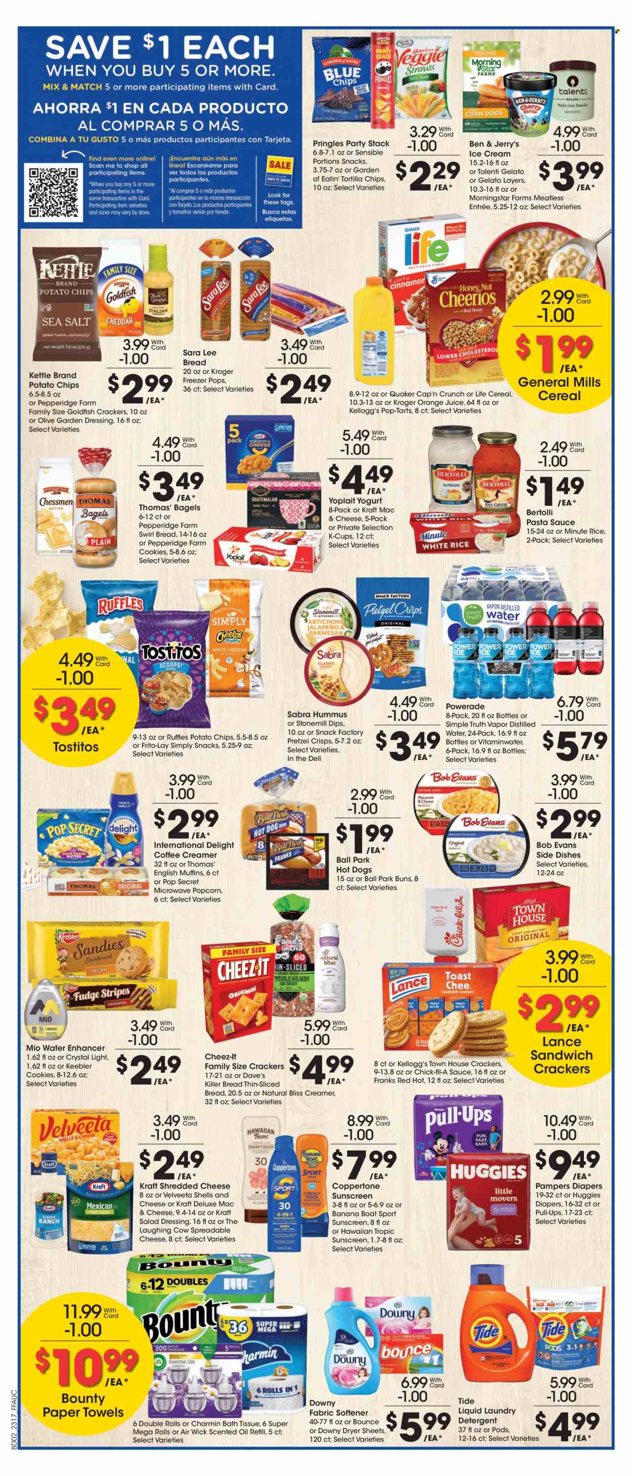 thumbnail - Fry’s Flyer - 05/24/2023 - 05/30/2023 - Sales products - bagels, buns, Sara Lee, hot dog, pasta sauce, Quaker, MorningStar Farms, Kraft®, Bob Evans, Bertolli, frankfurters, hummus, shredded cheese, The Laughing Cow, Yoplait, creamer, ice cream, Ben & Jerry's, Talenti Gelato, gelato, cookies, Bounty, crackers, Kellogg's, Pop-Tarts, Keebler, tortilla chips, potato chips, Pringles, chips, popcorn, Frito-Lay, Cheez-It, Tostitos, pretzel crisps, salty snack, cereals, Cap'n Crunch, rice, salad dressing, dressing, syrup, Powerade, orange juice, juice, energy drink, coffee capsules, K-Cups, Huggies, Pampers, nappies, bath tissue, kitchen towels, paper towels, Charmin, detergent, Tide, fabric softener, laundry detergent, dryer sheets, Downy Laundry, Hawaiian Tropic, Air Wick, scented oil, freezer. Page 6.