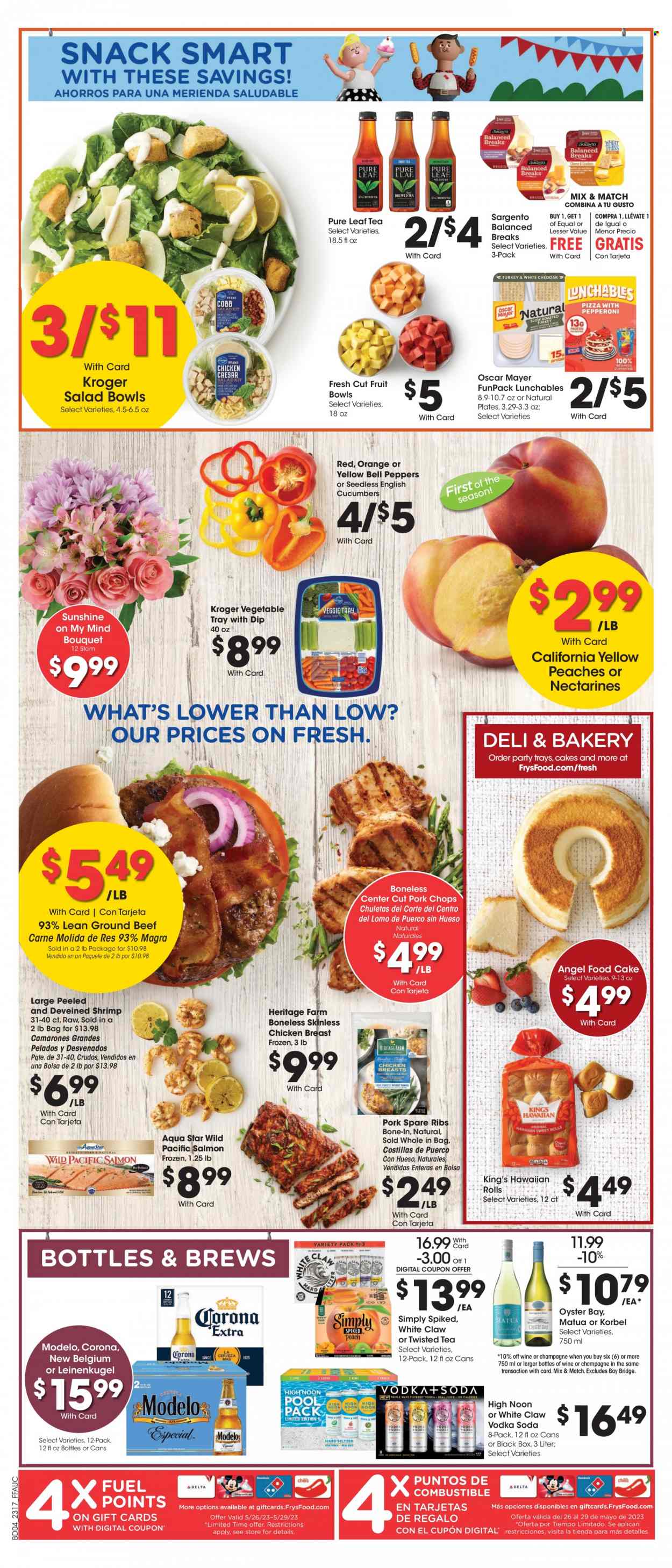 thumbnail - Fry’s Flyer - 05/24/2023 - 05/30/2023 - Sales products - cake, hawaiian rolls, Angel Food, bell peppers, cucumber, peppers, red peppers, fruit cup, peaches, oysters, shrimps, Lunchables, Oscar Mayer, Sargento, Sunshine, dip, lemonade, ice tea, sparkling water, Pure Leaf, sparkling wine, wine, alcohol, vodka, White Claw, Corona Extra, Modelo, chicken breasts, chicken, beef meat, ground beef, ribs, pork chops, pork meat, pork ribs, pork spare ribs, tray, plate, salad bowl, Leinenkugel's, nectarines, Twisted Tea. Page 9.