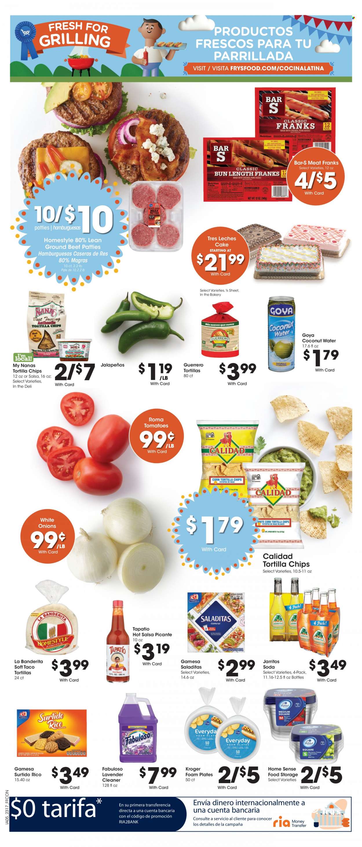 thumbnail - Fry’s Flyer - 05/24/2023 - 05/30/2023 - Sales products - cake, tomatoes, onion, frankfurters, tortilla chips, chips, Goya, salsa, coconut water, soda, water, beef meat, ground beef, cleaner, Fabuloso, plate, foam plates. Page 14.