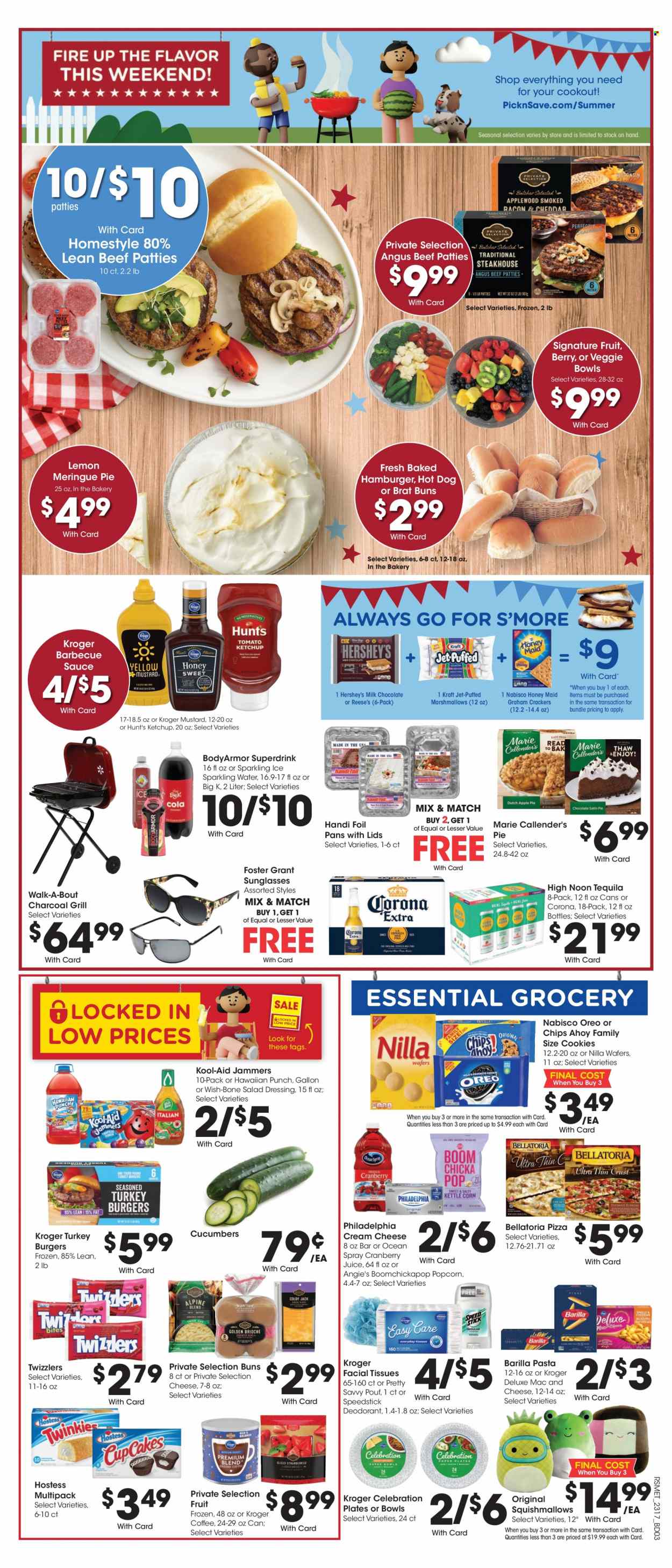 thumbnail - Pick ‘n Save Flyer - 05/24/2023 - 05/30/2023 - Sales products - pie, buns, cucumber, macaroni & cheese, pizza, hamburger, pasta, sauce, Barilla, Marie Callender's, Kraft®, ready meal, cream cheese, Philadelphia, Reese's, Hershey's, Bellatoria, cookies, graham crackers, marshmallows, milk chocolate, wafers, chocolate, Celebration, crackers, Nabisco, popcorn, Honey Maid, BBQ sauce, mustard, salad dressing, ketchup, dressing, juice, flavored water, sparkling water, water, coffee, tequila, beer, Corona Extra, turkey, beef meat, turkey burger, tissues, Jet, facial tissues, anti-perspirant, deodorant, plate, sunglasses, Squishmallows, grill. Page 5.