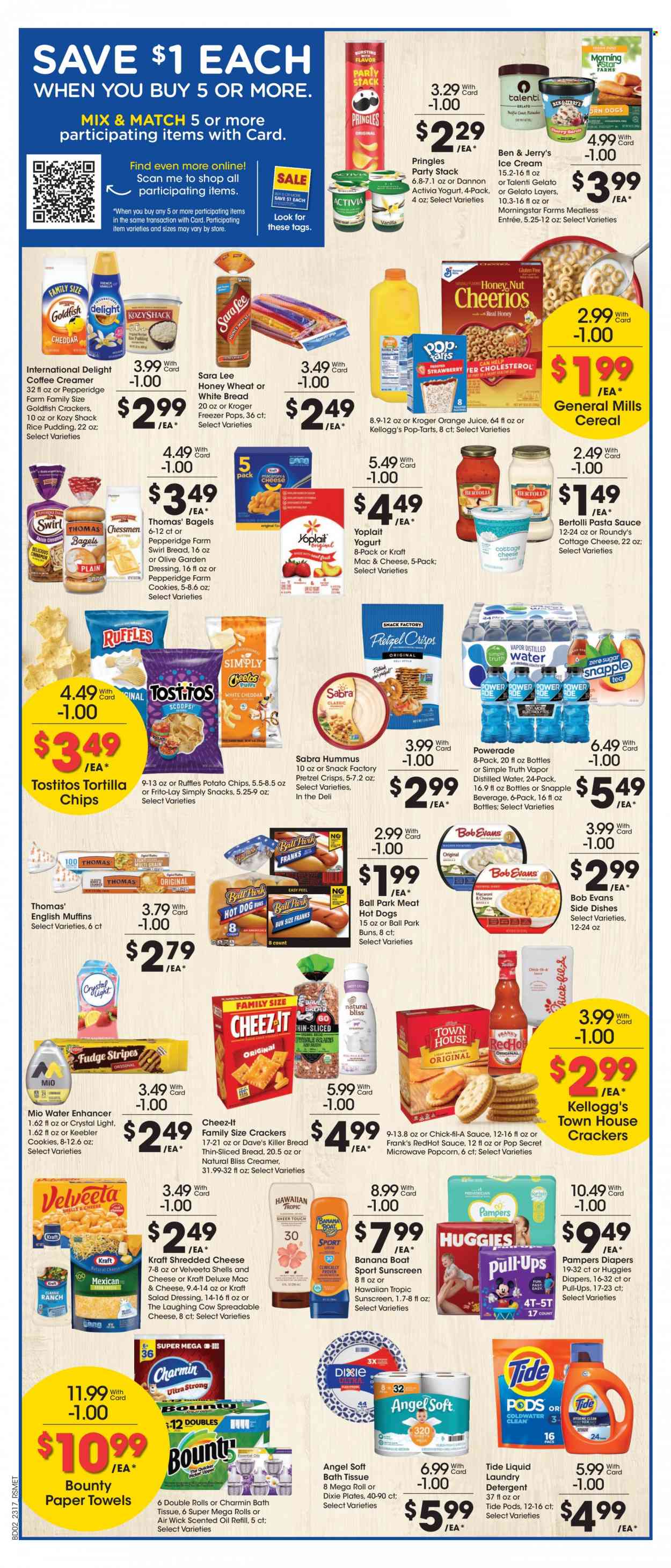 thumbnail - Pick ‘n Save Flyer - 05/24/2023 - 05/30/2023 - Sales products - bagels, white bread, buns, Sara Lee, hot dog, pasta sauce, MorningStar Farms, Kraft®, Bob Evans, Bertolli, hummus, cottage cheese, shredded cheese, The Laughing Cow, Activia, Yoplait, Dannon, rice pudding, creamer, ice cream, Ben & Jerry's, Talenti Gelato, gelato, cookies, Bounty, crackers, Kellogg's, Pop-Tarts, Keebler, tortilla chips, potato chips, Pringles, chips, popcorn, Frito-Lay, Cheez-It, Tostitos, pretzel crisps, salty snack, cereals, salad dressing, dressing, syrup, Powerade, orange juice, juice, energy drink, Snapple, Huggies, Pampers, nappies, bath tissue, kitchen towels, paper towels, Charmin, detergent, Tide, laundry detergent, Hawaiian Tropic, plate, Air Wick, scented oil, Dixie, boat. Page 6.
