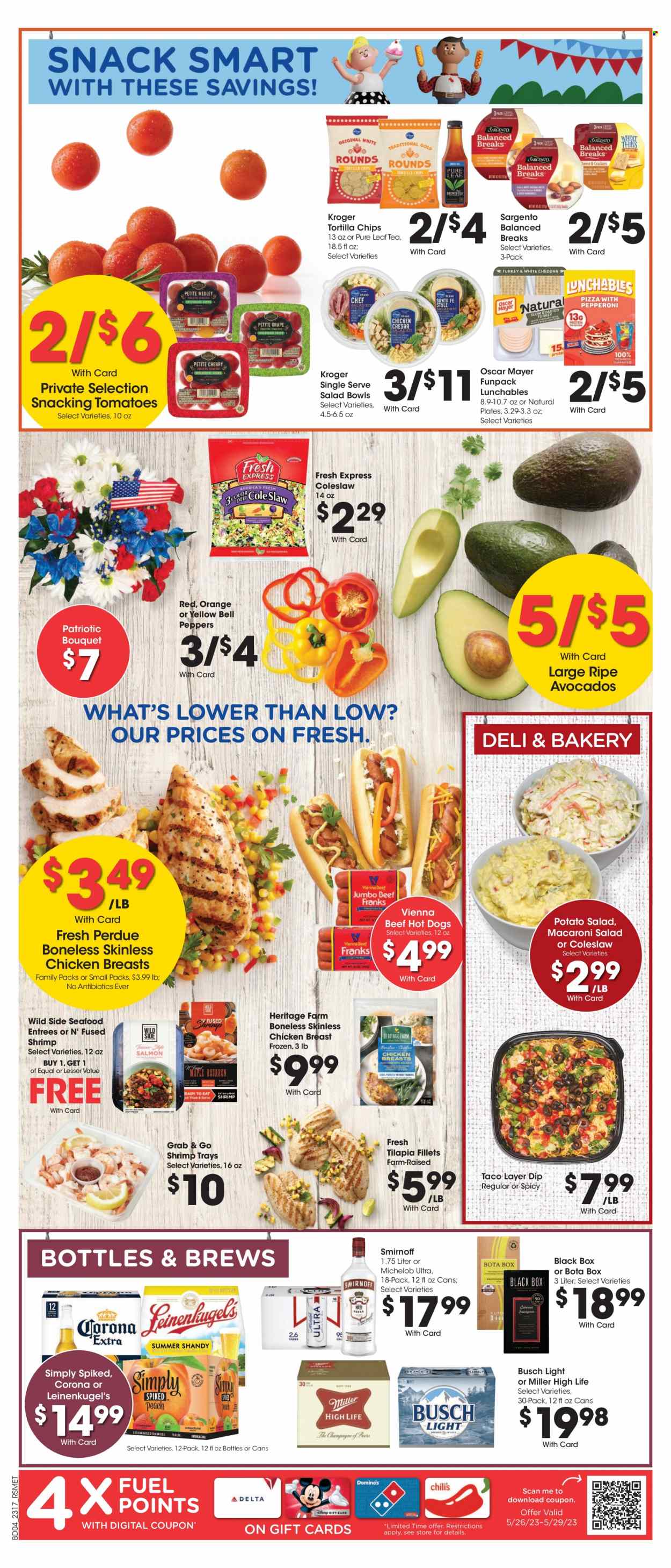 thumbnail - Pick ‘n Save Flyer - 05/24/2023 - 05/30/2023 - Sales products - bell peppers, tomatoes, peppers, red peppers, avocado, tilapia, seafood, shrimps, coleslaw, hot dog, Perdue®, Lunchables, Oscar Mayer, potato salad, macaroni salad, Sargento, dip, tortilla chips, lemonade, ice tea, Pure Leaf, Smirnoff, Busch, Corona Extra, chicken breasts, chicken, plate, salad bowl, bouquet, Leinenkugel's, Michelob. Page 9.