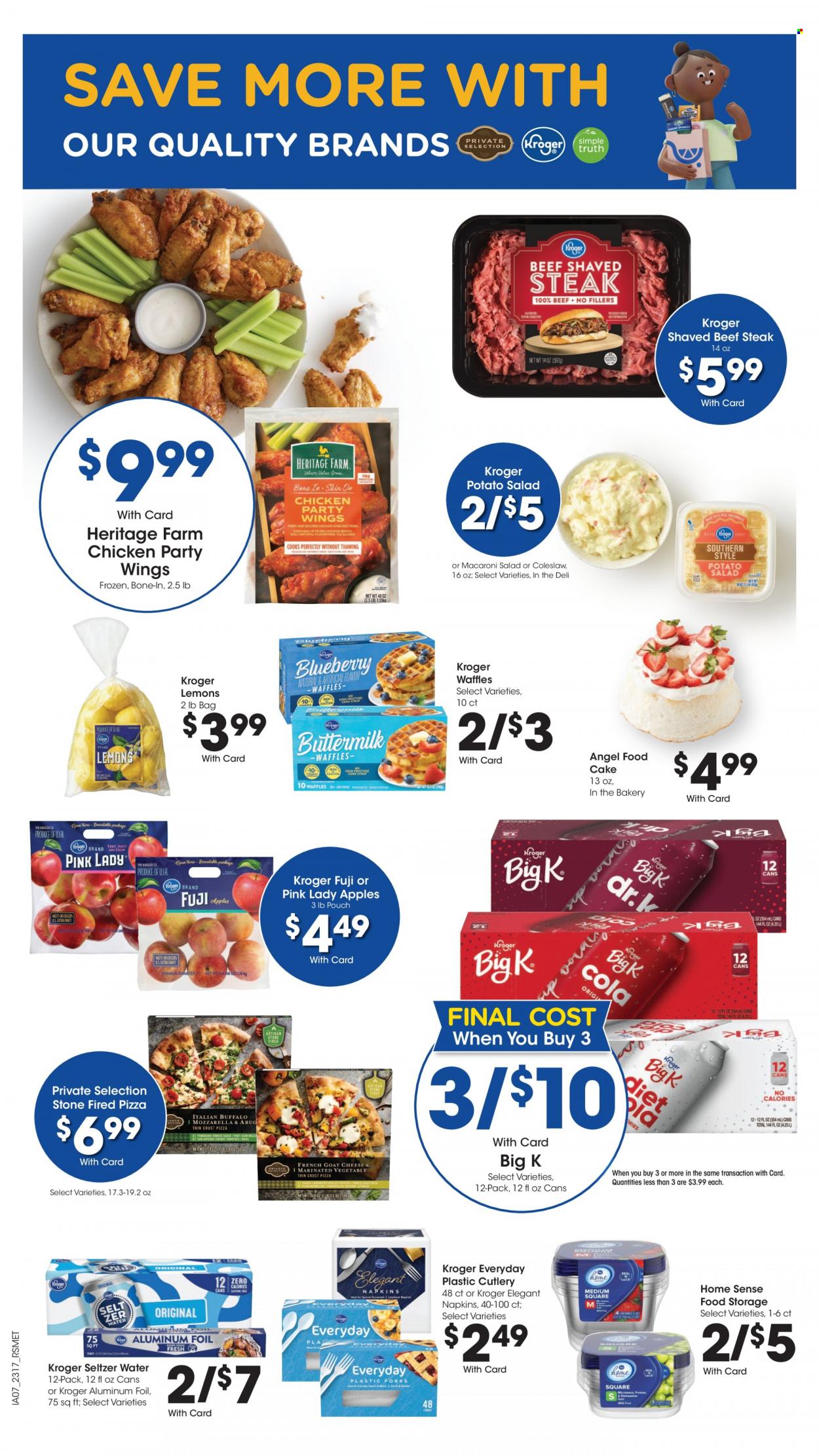 thumbnail - Pick ‘n Save Flyer - 05/24/2023 - 05/30/2023 - Sales products - cake, Angel Food, apples, Pink Lady, coleslaw, pizza, potato salad, macaroni salad, chicken wings, seltzer water, water, chicken, beef meat, beef steak, steak, napkins, disposable cutlery, aluminium foil, lemons. Page 14.