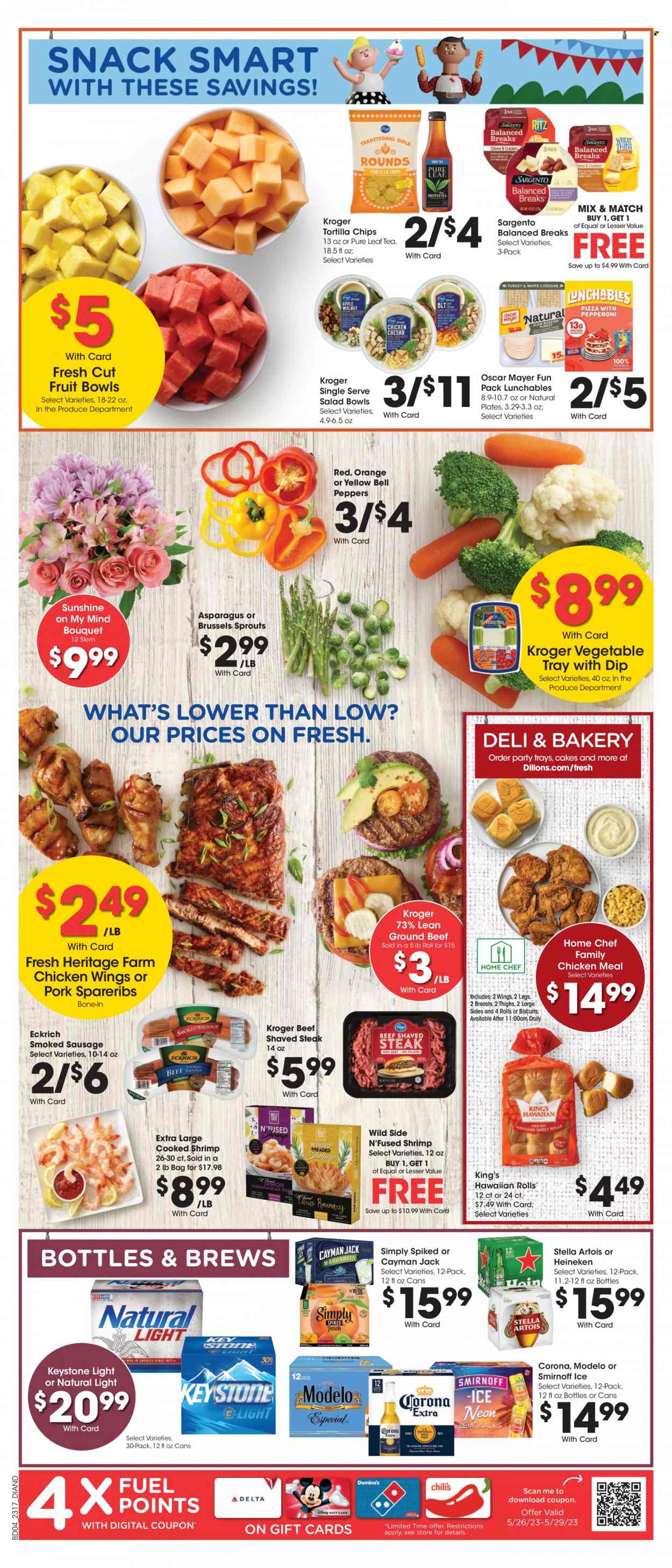 thumbnail - Dillons Flyer - 05/24/2023 - 05/30/2023 - Sales products - cake, hawaiian rolls, asparagus, bell peppers, peppers, brussel sprouts, red peppers, fruit cup, shrimps, Lunchables, Oscar Mayer, sausage, smoked sausage, Sargento, Sunshine, dip, chicken wings, biscuit, tortilla chips, chips, lemonade, ice tea, Pure Leaf, Smirnoff, Stella Artois, Corona Extra, Heineken, Keystone, Modelo, chicken, beef meat, ground beef, steak, pork spare ribs, plate, salad bowl, bouquet. Page 5.