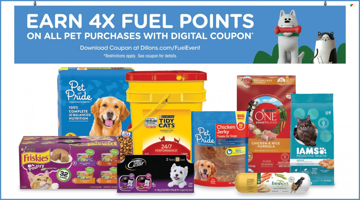 thumbnail - Dillons Flyer - 05/24/2023 - 05/30/2023 - Sales products - jerky, chicken breasts, chicken, animal food, cat litter, cat food, Purina, Freshpet, Friskies, Iams. Page 7.