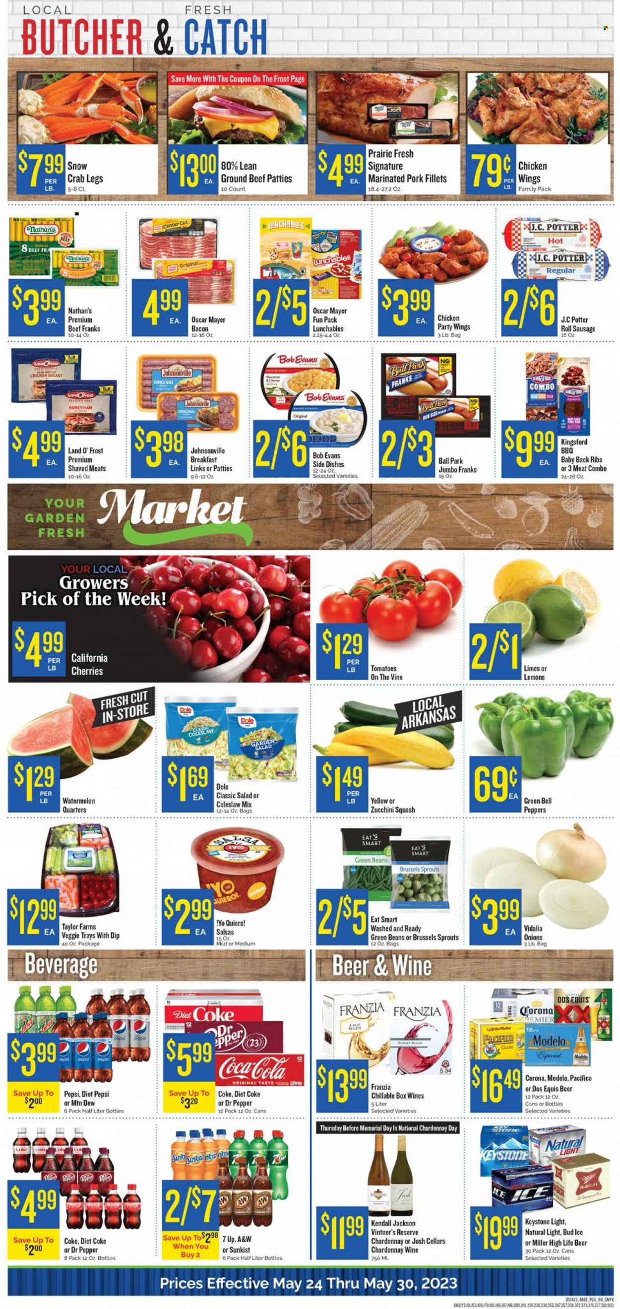 thumbnail - Homeland Flyer - 05/24/2023 - 05/30/2023 - Sales products - beans, bell peppers, green beans, tomatoes, zucchini, onion, Dole, peppers, brussel sprouts, limes, watermelon, cherries, crab legs, crab, coleslaw, macaroni & cheese, chicken roast, Lunchables, Bob Evans, Kingsford, bacon, Johnsonville, Oscar Mayer, sausage, frankfurters, dip, chicken wings, honey, Coca-Cola, Mountain Dew, Pepsi, Dr. Pepper, Diet Pepsi, Diet Coke, soft drink, 7UP, A&W, Coke, white wine, Chardonnay, wine, alcohol, beer, Corona Extra, Keystone, Modelo, chicken breasts, chicken, beef meat, ground beef, ribs, pork meat, pork ribs, pork back ribs, marinated pork, Dos Equis, lemons. Page 4.