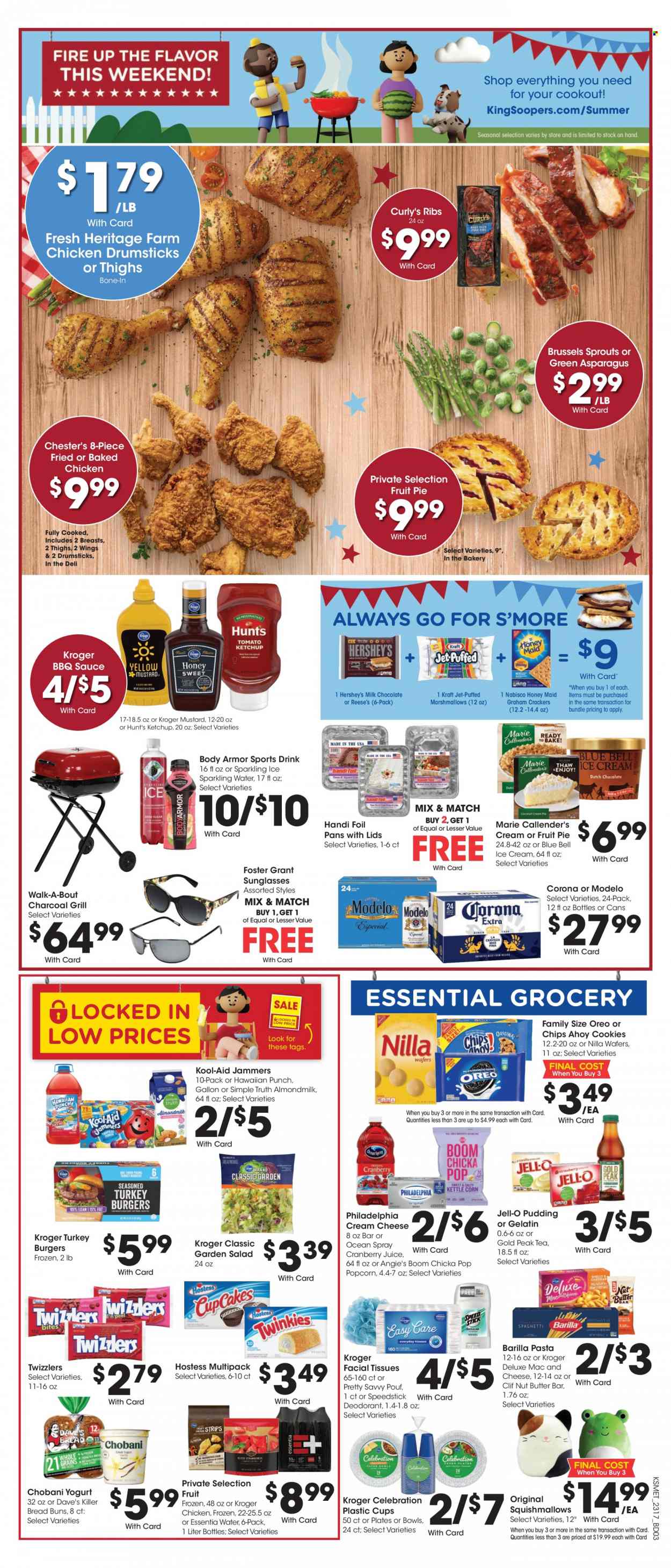 thumbnail - King Soopers Flyer - 05/24/2023 - 05/30/2023 - Sales products - bread, pie, fruit pie, asparagus, salad, brussel sprouts, macaroni & cheese, hamburger, pasta, sauce, fried chicken, Barilla, Marie Callender's, Kraft®, ready meal, cream cheese, Philadelphia, pudding, Chobani, almond milk, ice cream, Reese's, Hershey's, Blue Bell, cookies, graham crackers, marshmallows, milk chocolate, wafers, Celebration, crackers, Nabisco, popcorn, Jell-O, Honey Maid, BBQ sauce, mustard, ketchup, cranberry juice, juice, Body Armor, Gold Peak Tea, flavored water, sparkling water, water, tea, beer, Corona Extra, Modelo, chicken drumsticks, turkey, turkey burger, tissues, Jet, facial tissues, anti-perspirant, deodorant, plate, sunglasses, Squishmallows, grill. Page 2.