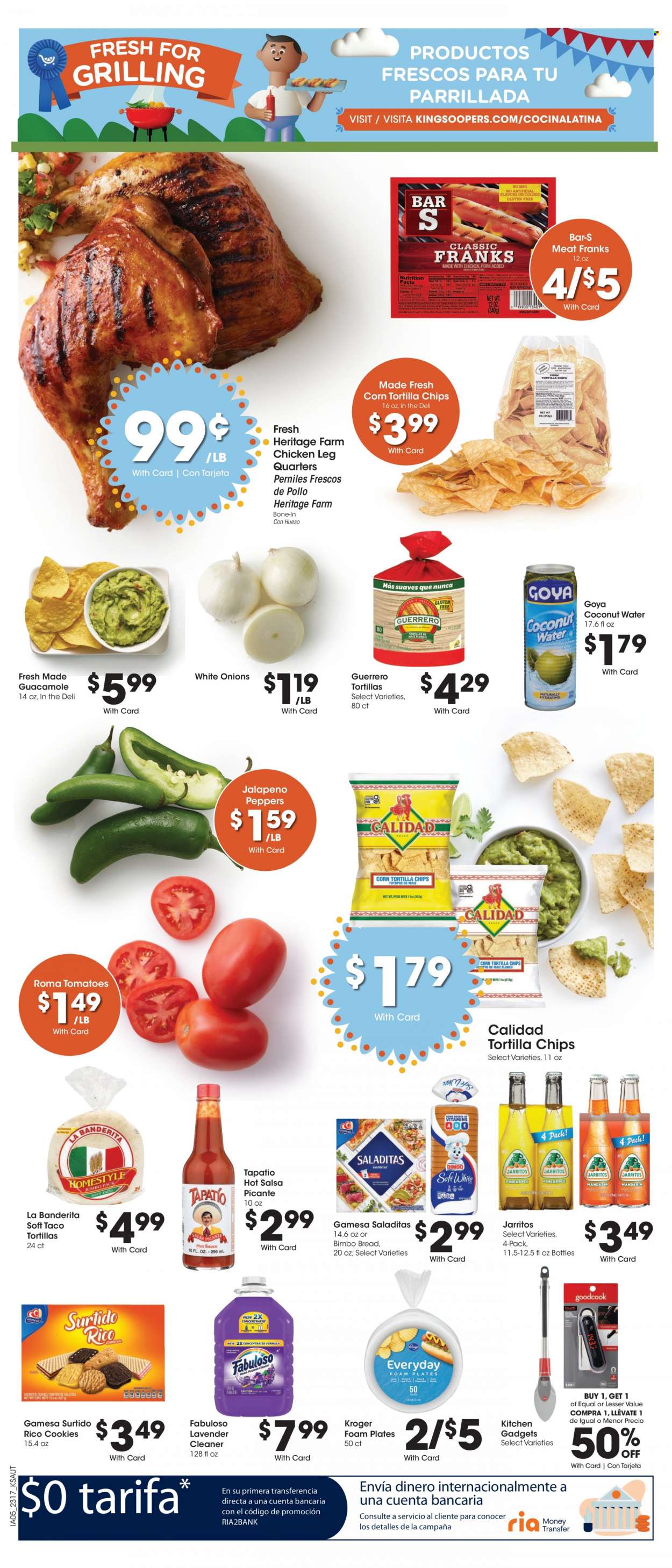 thumbnail - King Soopers Flyer - 05/24/2023 - 05/30/2023 - Sales products - tomatoes, onion, jalapeño, frankfurters, guacamole, cookies, tortilla chips, chips, Goya, salsa, coconut water, water, chicken legs, chicken, cleaner, Fabuloso, plate, foam plates. Page 10.