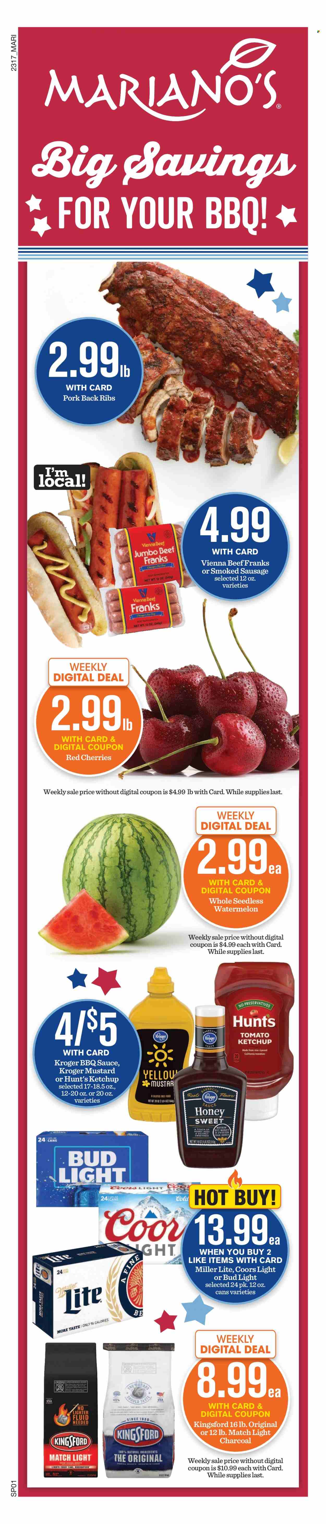 thumbnail - Mariano’s Flyer - 05/24/2023 - 05/30/2023 - Sales products - watermelon, cherries, sauce, Kingsford, sausage, smoked sausage, frankfurters, BBQ sauce, mustard, ketchup, beer, Bud Light, ribs, pork meat, pork ribs, pork back ribs, Miller Lite, Coors. Page 10.