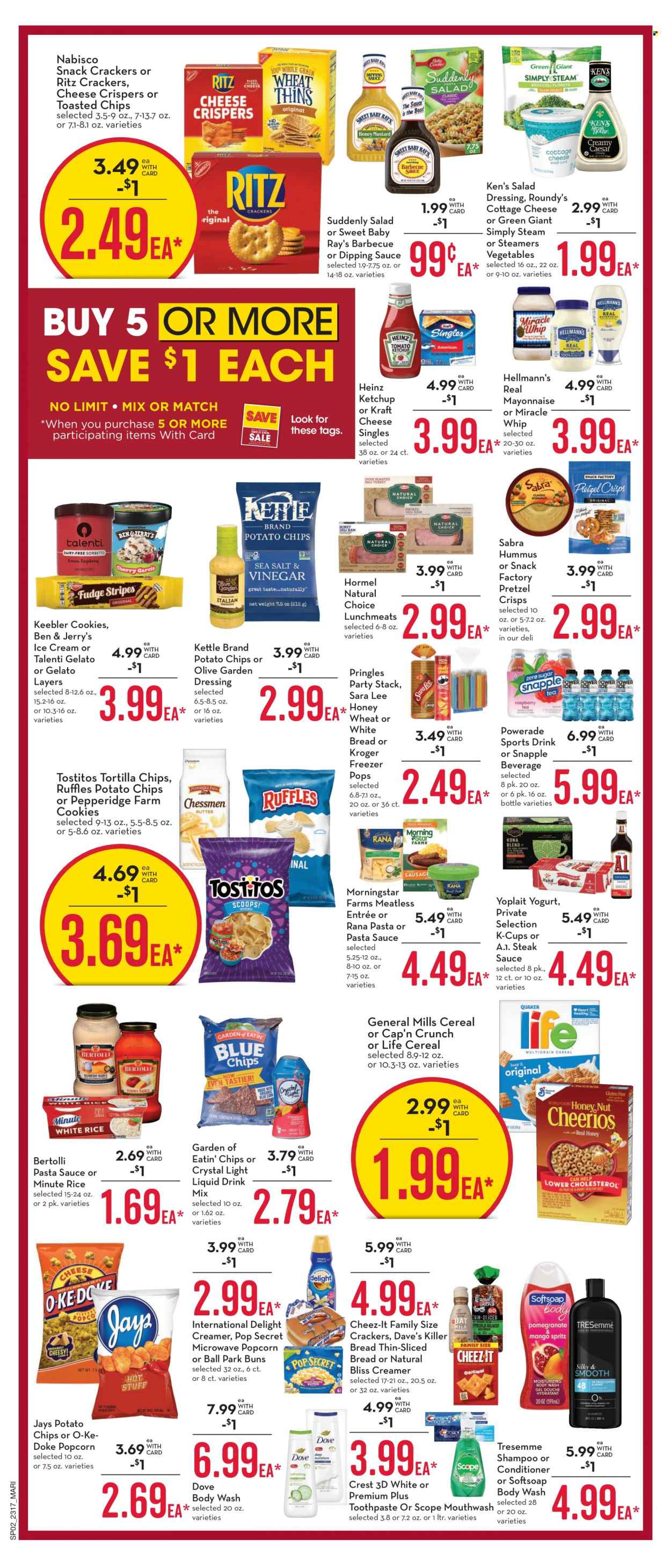 thumbnail - Mariano’s Flyer - 05/24/2023 - 05/30/2023 - Sales products - bread, white bread, buns, Sara Lee, pasta sauce, MorningStar Farms, Bertolli, Rana, Hormel, hummus, lunch meat, Yoplait, creamer, mayonnaise, Miracle Whip, Hellmann’s, ice cream, Ben & Jerry's, Talenti Gelato, gelato, cookies, Dove, crackers, Keebler, RITZ, Nabisco, tortilla chips, potato chips, Pringles, chips, popcorn, Cheez-It, Tostitos, pretzel crisps, salty snack, Heinz, cereals, Cap'n Crunch, rice, BBQ sauce, salad dressing, steak sauce, ketchup, dressing, Powerade, energy drink, Snapple, coffee capsules, K-Cups, steak. Page 2.