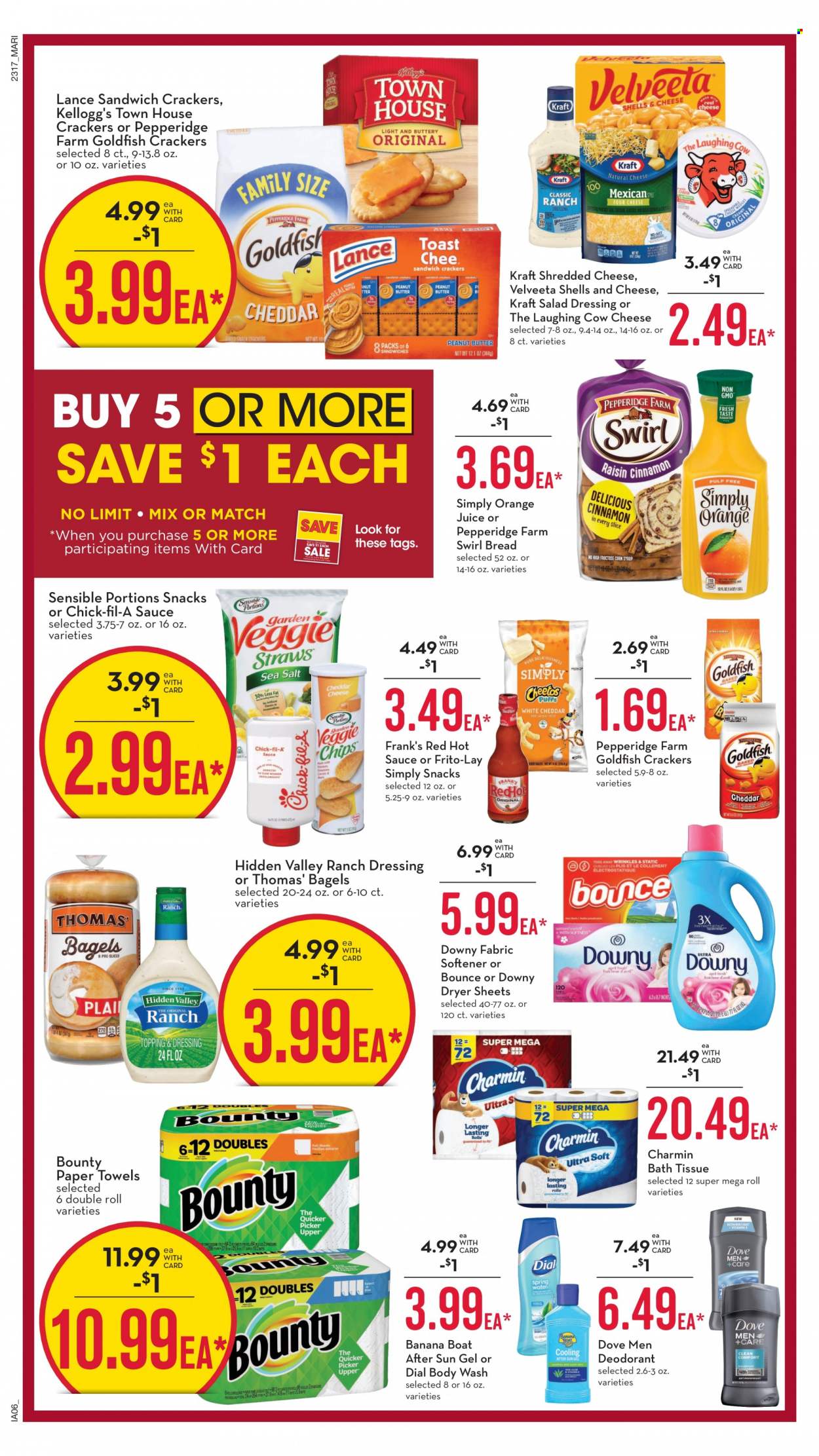 thumbnail - Mariano’s Flyer - 05/24/2023 - 05/30/2023 - Sales products - bagels, bread, shredded cheese, The Laughing Cow, ranch dressing, Dove, snack, Bounty, crackers, Kellogg's, Frito-Lay, salty snack, salad dressing, hot sauce, dressing, orange juice, juice, dryer sheets, Downy Laundry. Page 3.