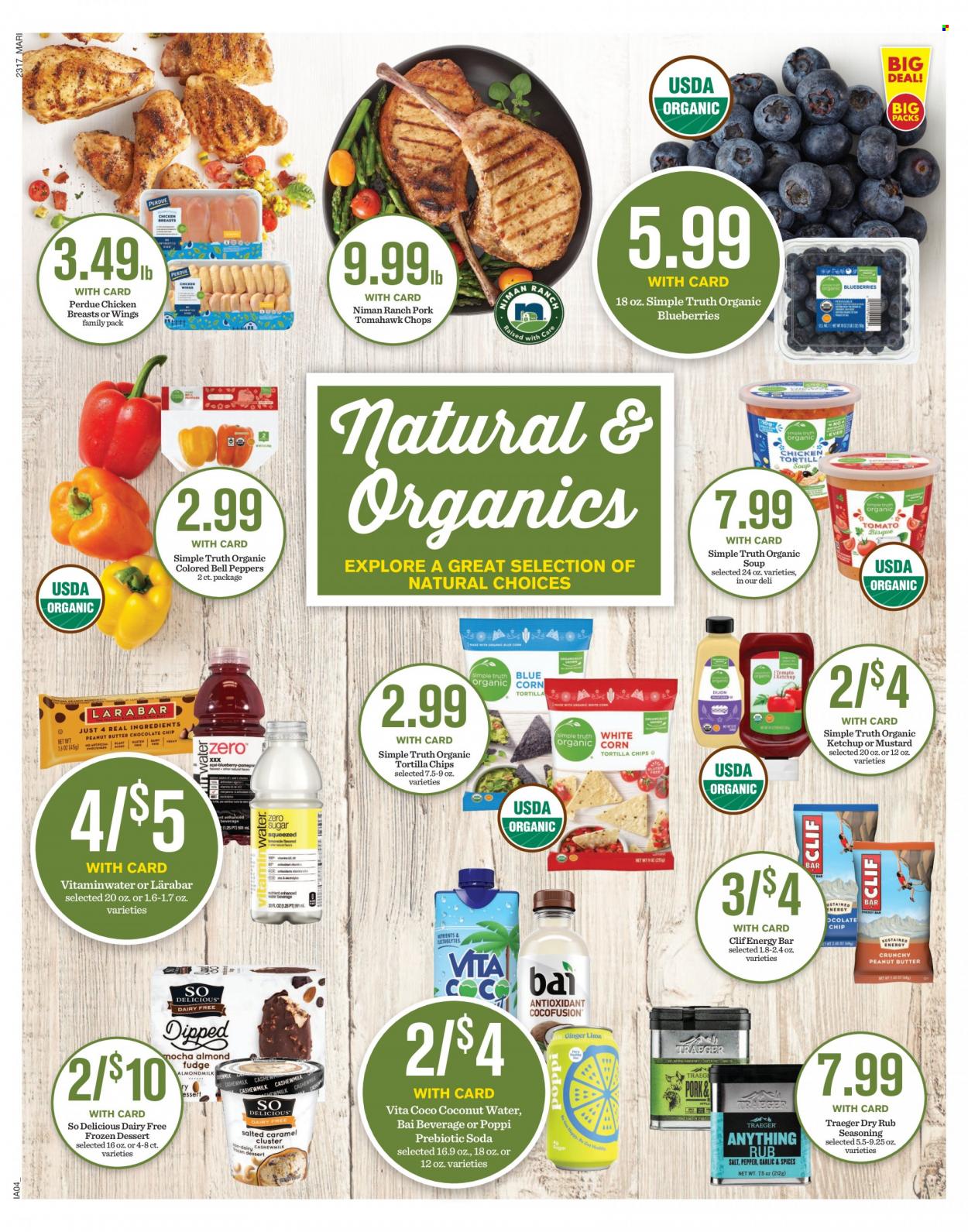 thumbnail - Mariano’s Flyer - 05/24/2023 - 05/30/2023 - Sales products - dessert, bell peppers, peppers, blueberries, soup, Perdue®, ready meal, tortilla chips, spice, mustard, ketchup, coconut water, Bai, soda, water, chicken breasts, tomahawk steak. Page 6.