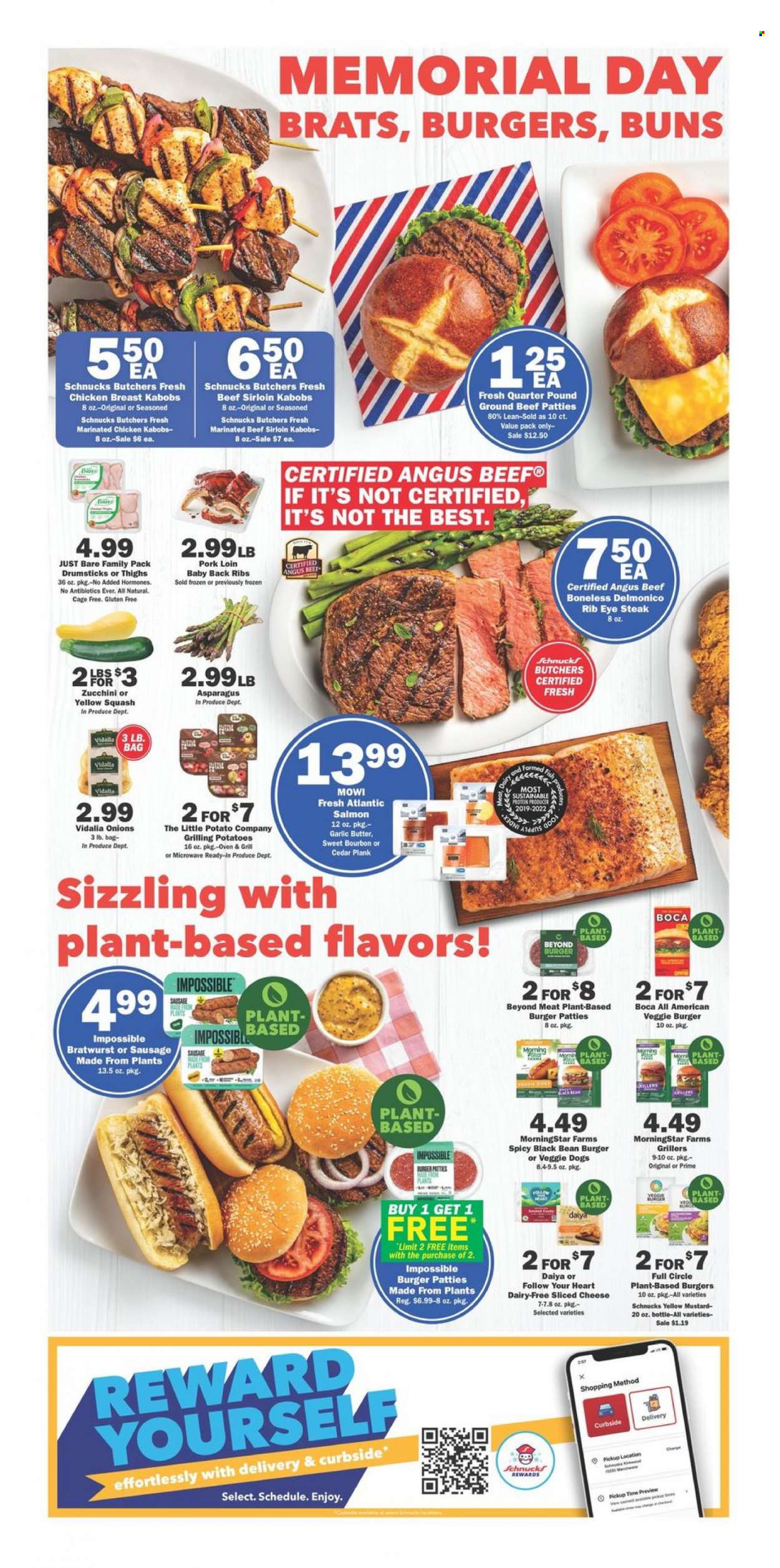 thumbnail - Schnucks Flyer - 05/24/2023 - 05/31/2023 - Sales products - buns, asparagus, zucchini, potatoes, onion, yellow squash, salmon, fish, veggie burger, MorningStar Farms, veggie hot dog, bratwurst, sliced cheese, cheese, cage free eggs, mustard, chicken breasts, marinated chicken, chicken, beef meat, beef sirloin, ground beef, steak, ribeye steak, marinated beef, ribs, burger patties, pork loin, pork meat, pork ribs, pork back ribs. Page 2.